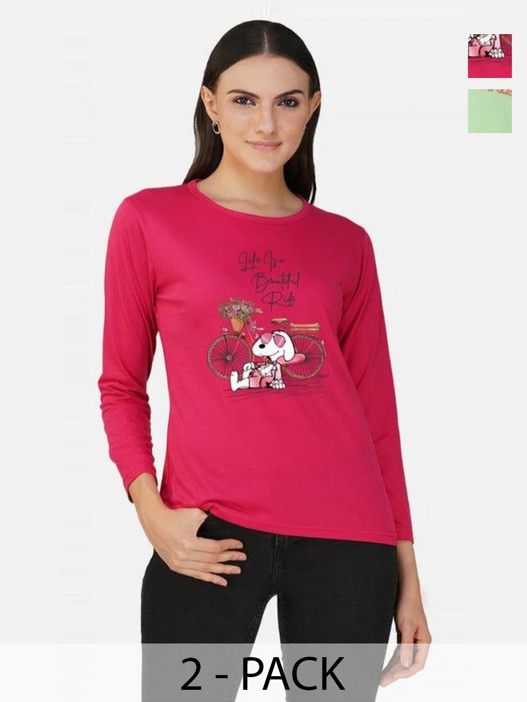 

Metronaut Women 2 Printed Bio Finish Applique T-shirt, Green