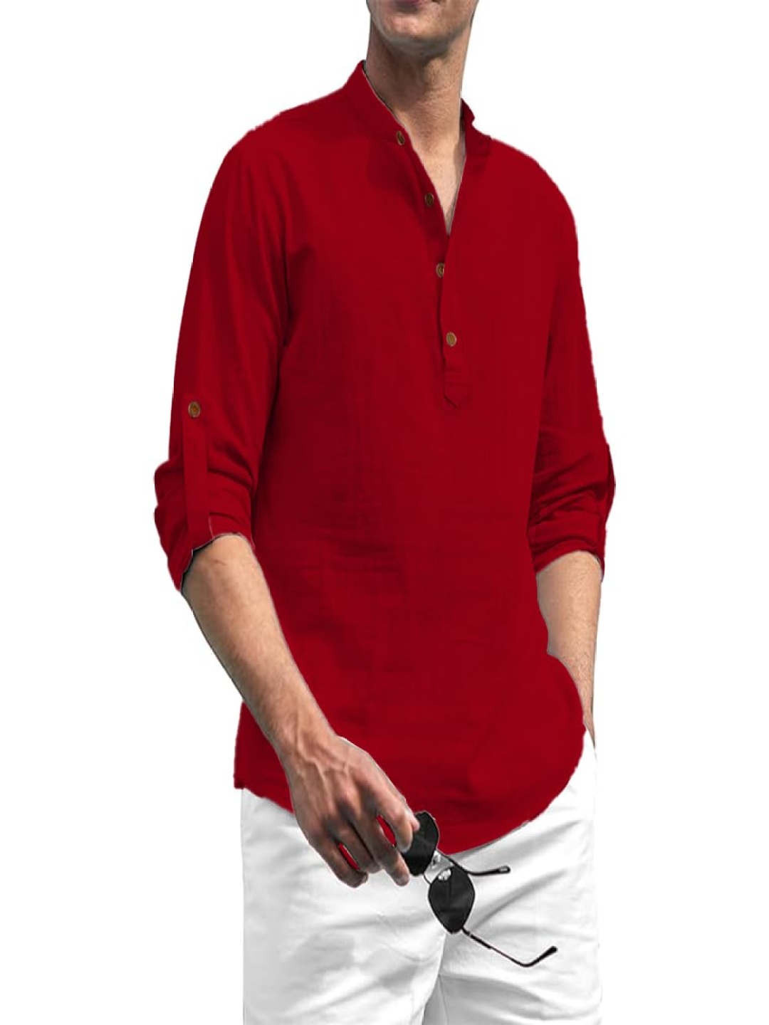 

EdinWolf Band Collar Roll-Up Sleeves Cotton Straight Kurta, Maroon