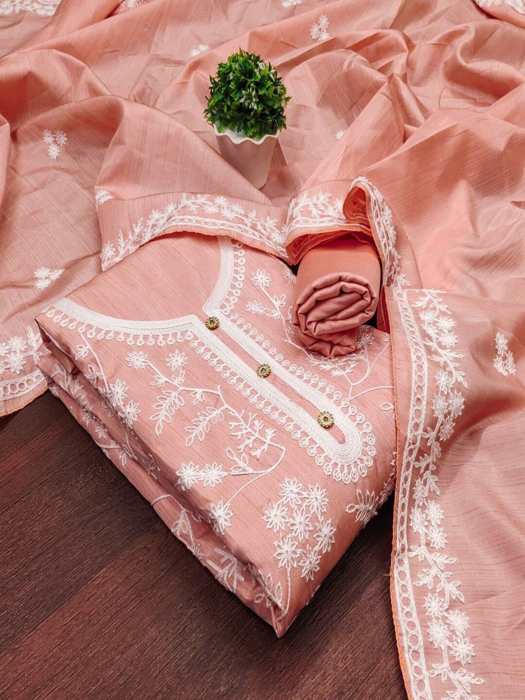 

SHIJILA Floral Embroidered Thread Work Unstitched Dress Material, Peach