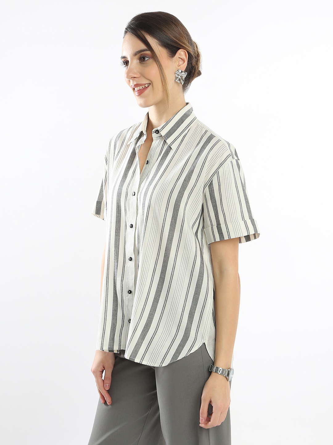 

Gazillion Women Relaxed Opaque Striped Formal Shirt, Off white