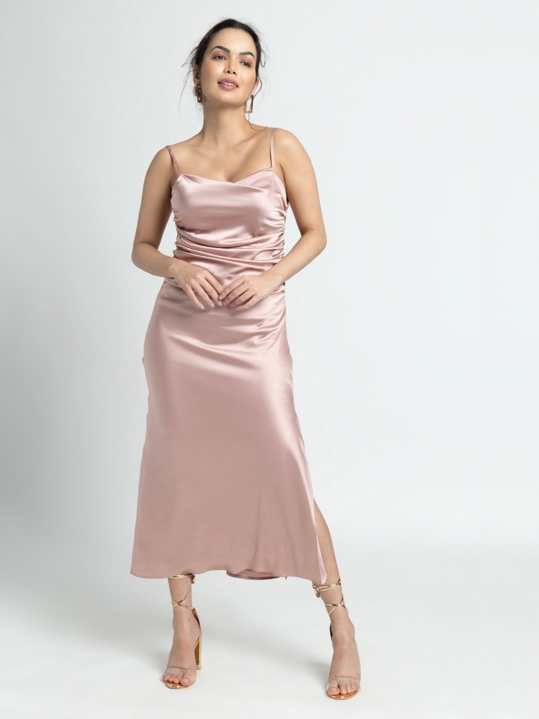 

JULO Cowl Neck Satin Maxi Midi Dress, Rose gold