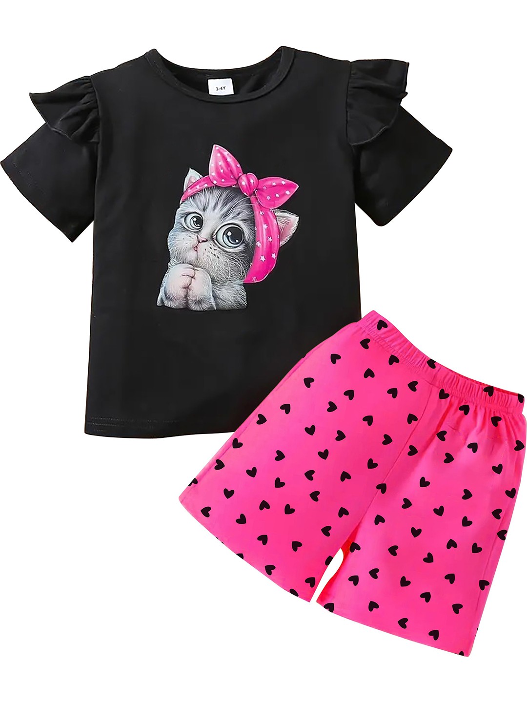 

KEESOR Girls Printed Round Neck Pure Cotton T-shirt With Shorts, Black