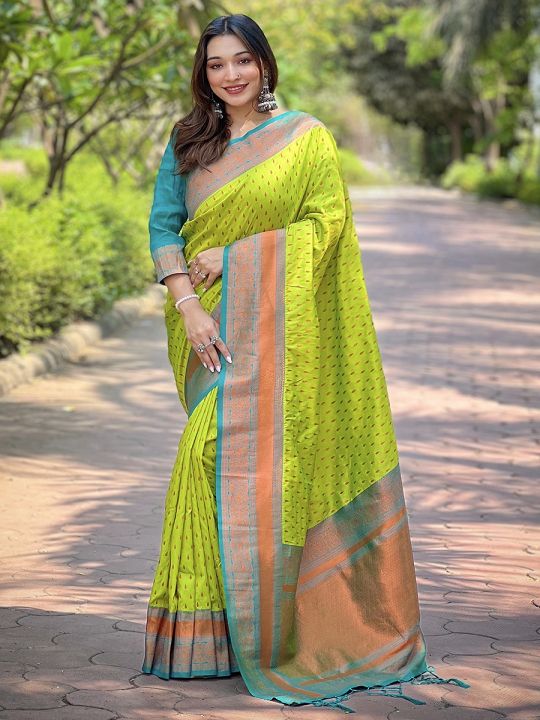 

all about you Woven Design Zari Silk Blend Paithani Saree, Green