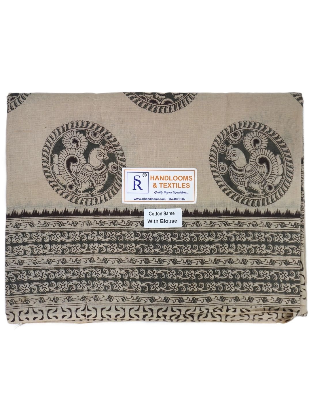 

SR HANDLOOMS AND TEXTILES Kalamkari Pure Cotton Saree, Beige