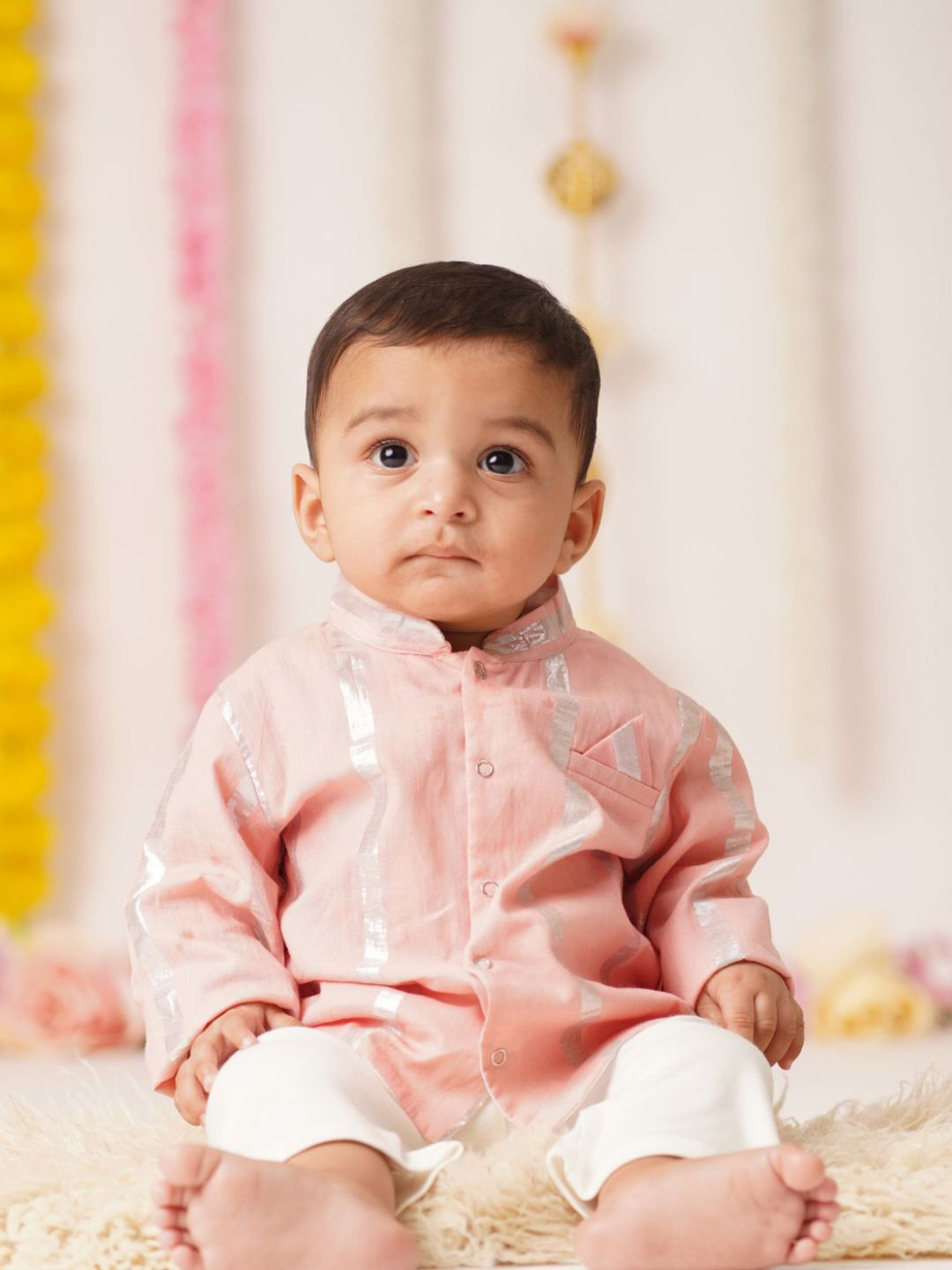 

Sangria Boys Striped Pure Cotton Straight Kurta & Trousers, Pink