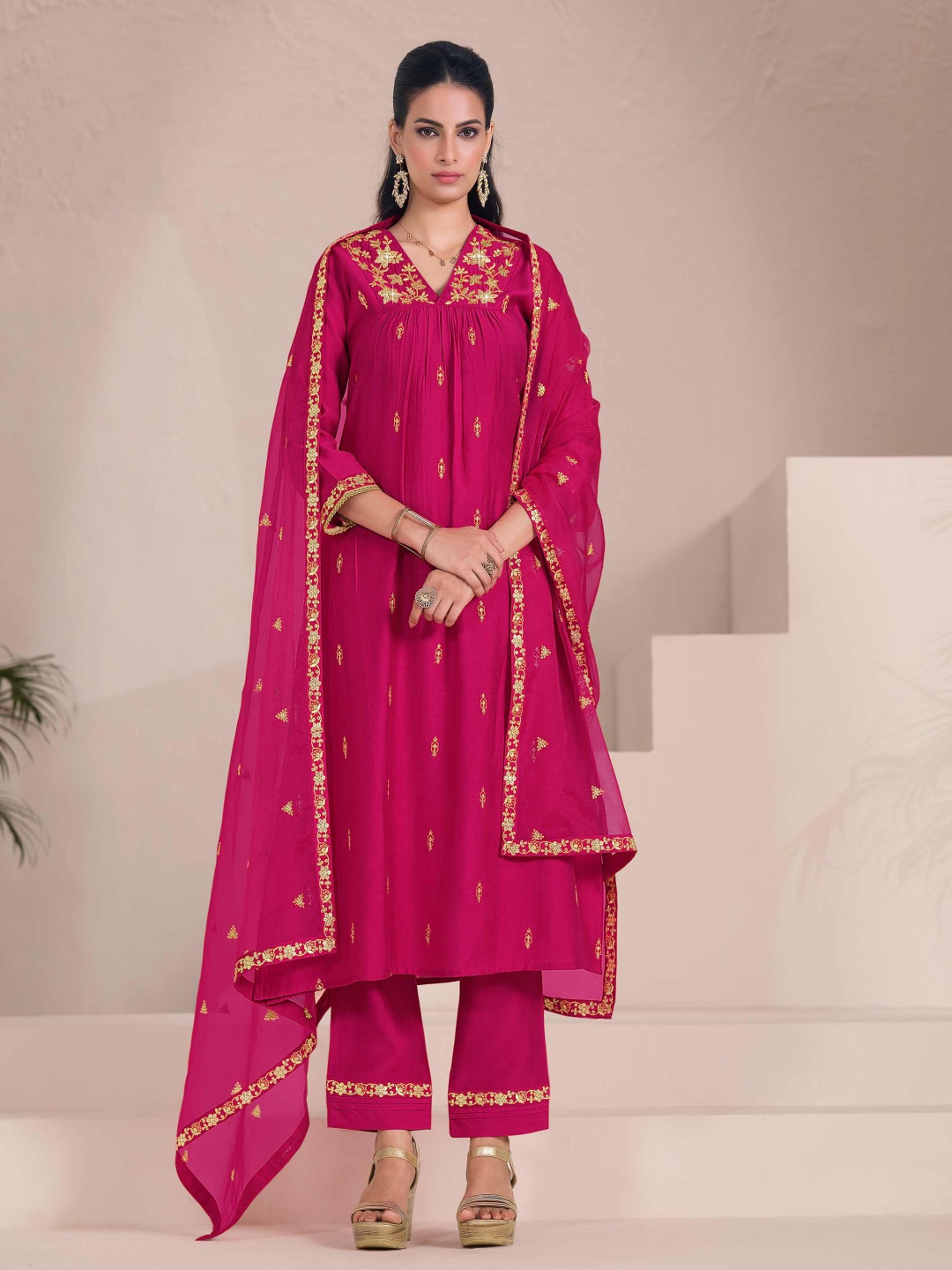 

MOJILAA Women Embroidered Mirror Work Flared Kurta With Pant & Printed Dupatta, Pink