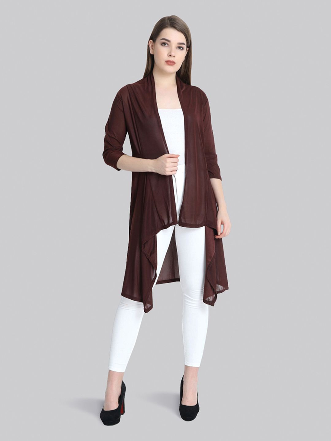 

DIMPY GARMENTS Longline Open Front Shrug, Brown