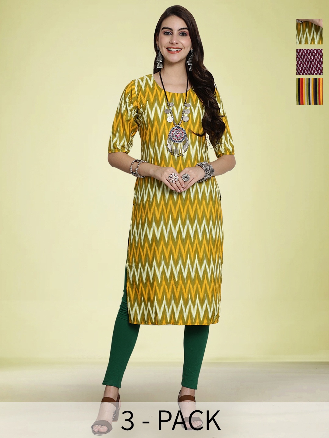 

Moda Rapido Selection Of 3 Chevron Printed Round Neck Straight Kurtas, Yellow