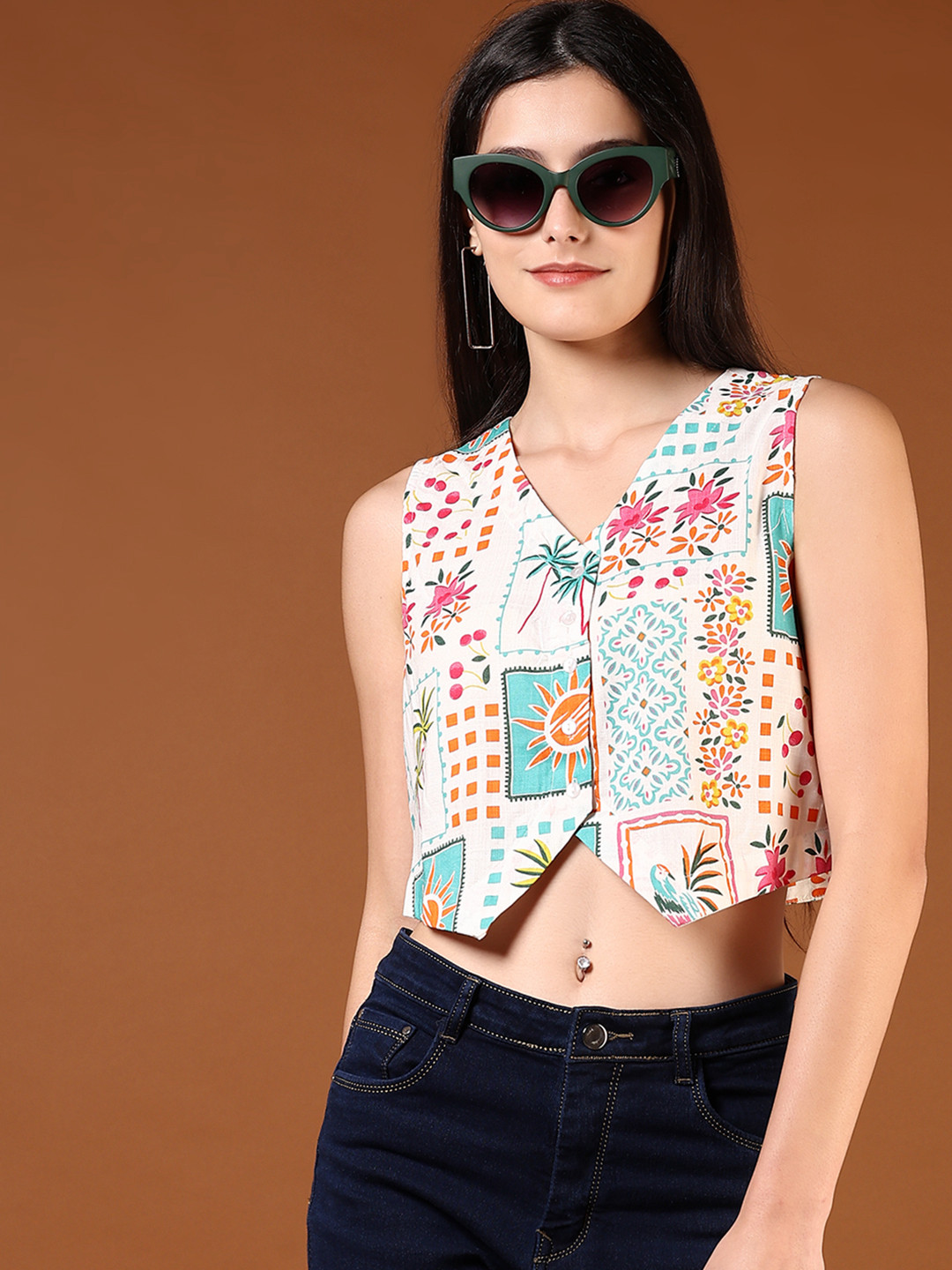

V-Mart Printed Pure Cotton Waistcoat With Trousers Co-Ords, White