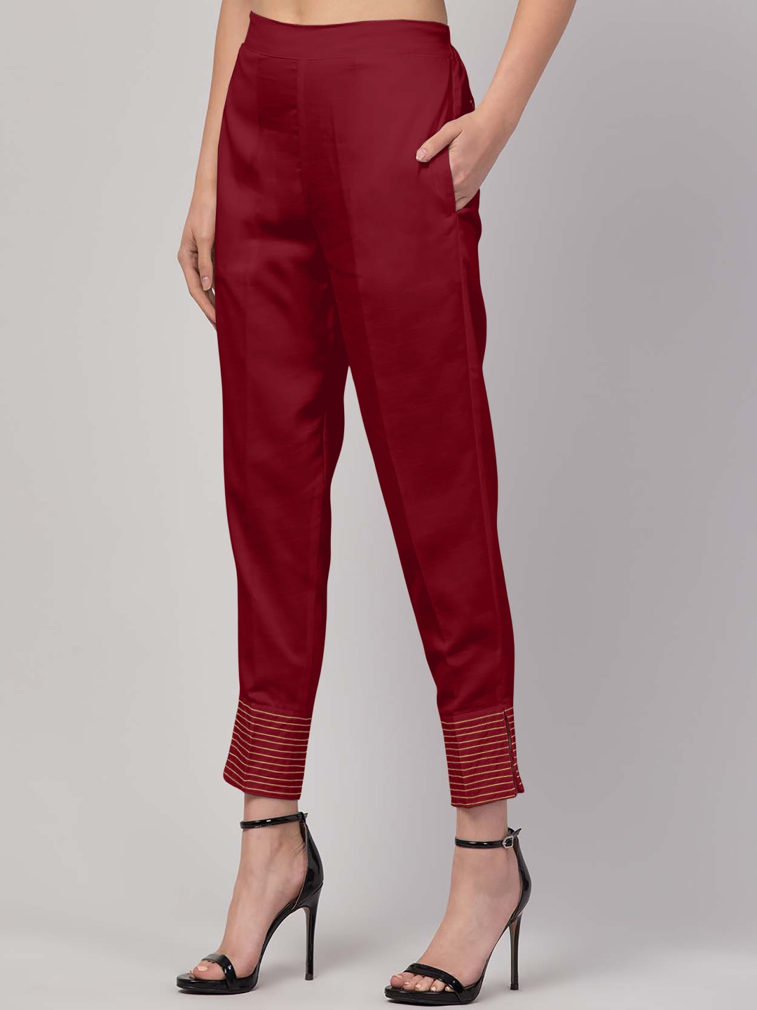

FLOREOS Women Textured Embroidered Comfort Easy Wash Trousers, Maroon
