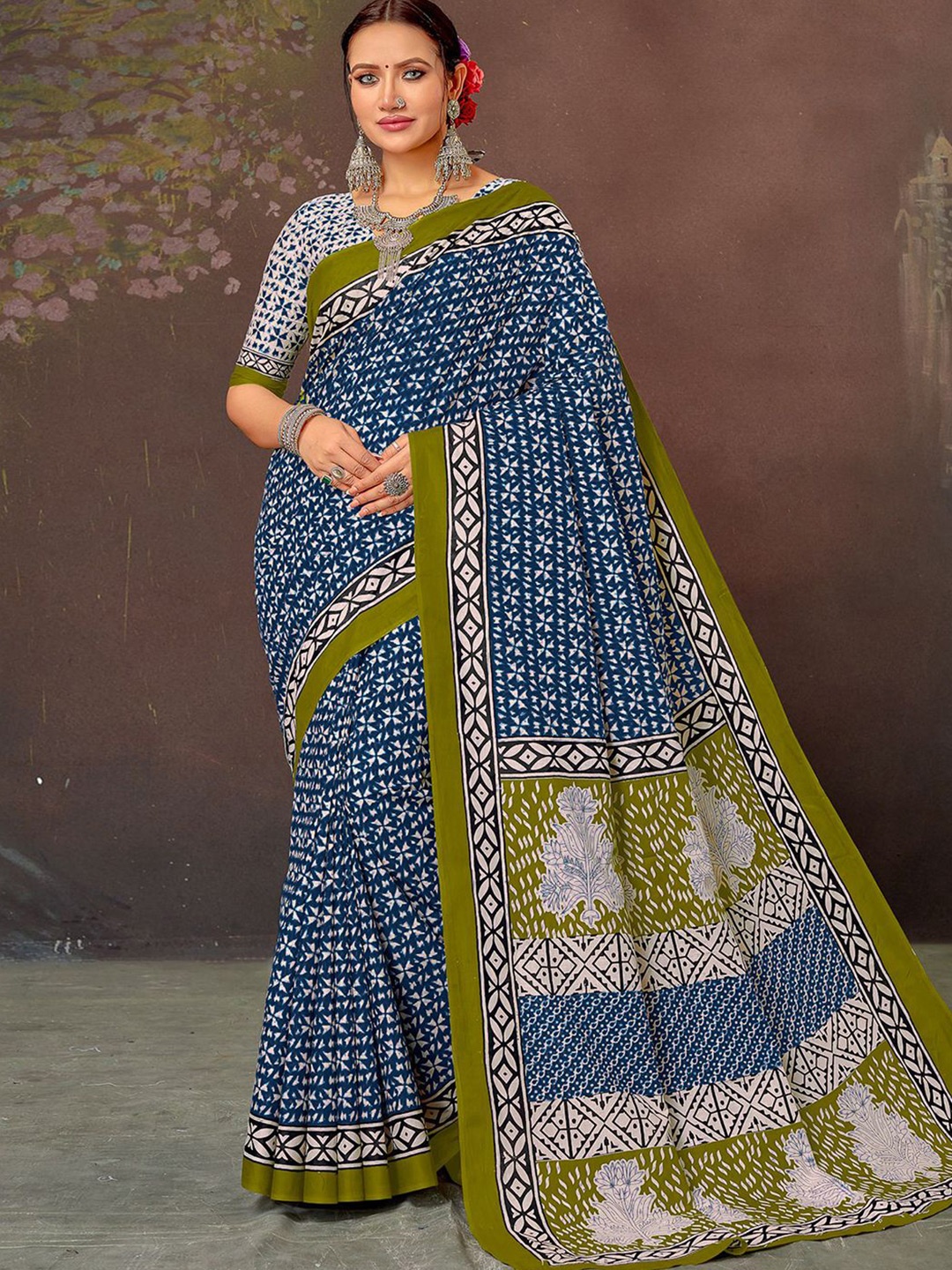 

all about you Ethnic Motifs Block Print Saree, Blue