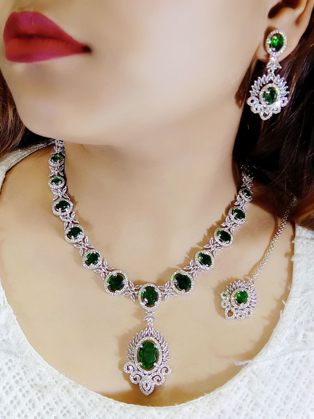 

Ladymania Silver - Plated American Diamond Necklace Set With Maang Tikka, Green