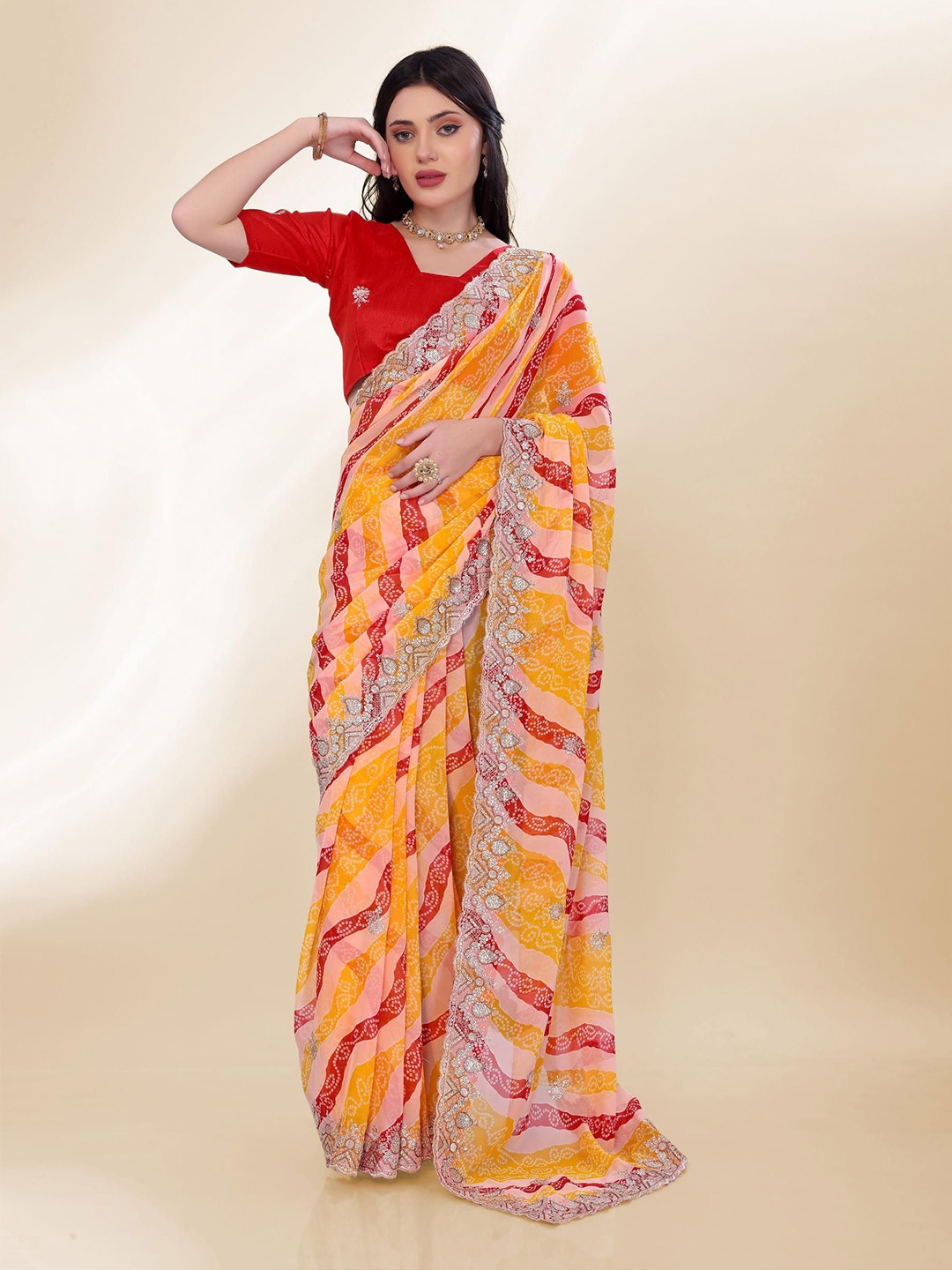 

VAIRAGEE Bandhani Embroidered Poly Georgette Bandhani Saree, Orange