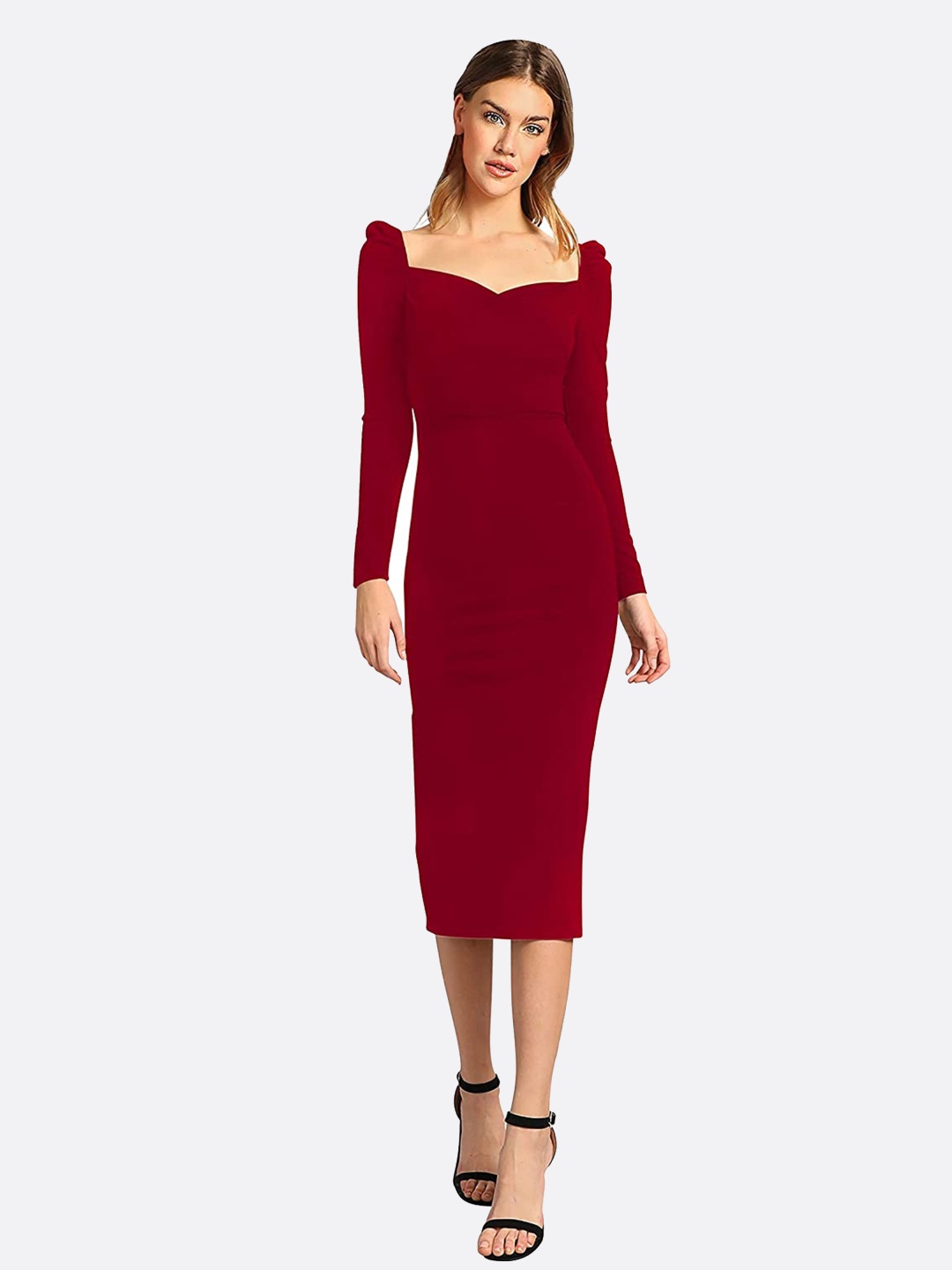 

DressBerry Puff Sleeve Bodycon Midi Dress, Maroon