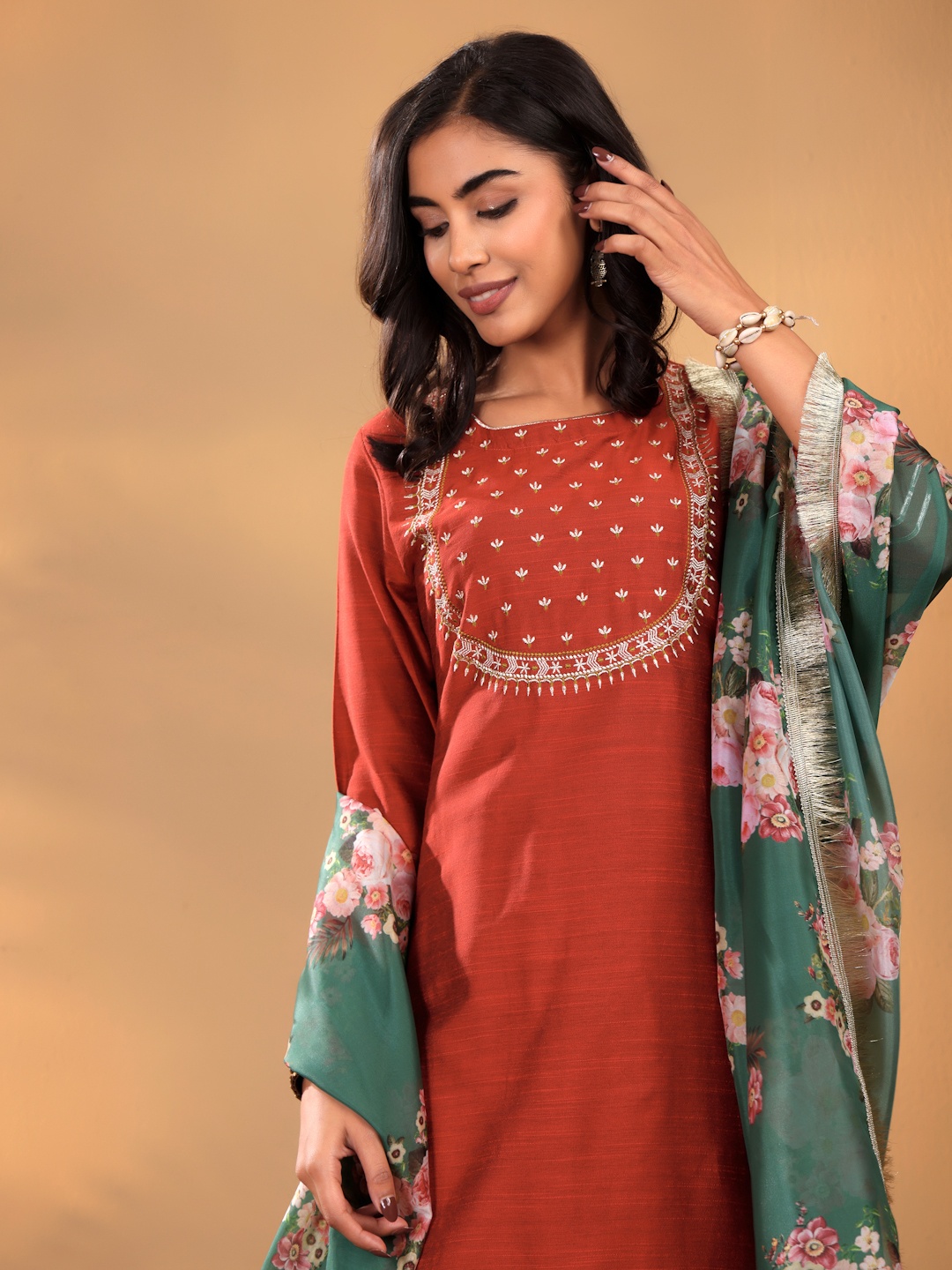 

Varanga Maroon Floral Yoke Design Thread Work Straight Kurta With Trousers & Dupatta