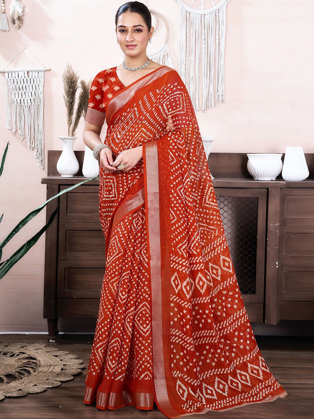 

KALINI Bandhani Zari Bandhani Saree, Rust