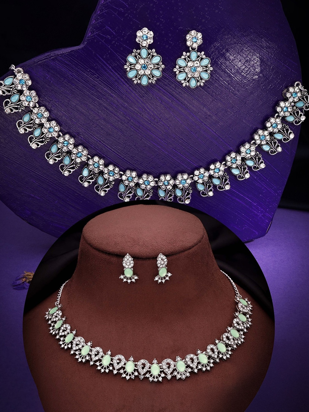 

DIVASTRI Set Of 2 Silver Plated American Diamonds Studded Jewellery Set