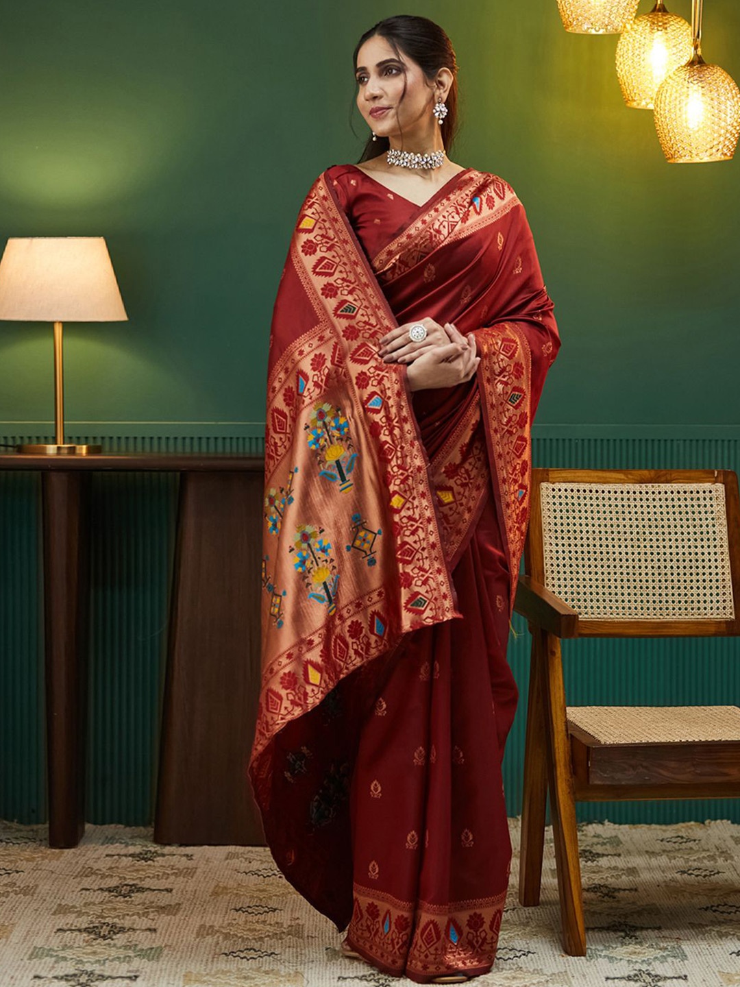 

all about you Woven Design Zari Pure Silk Banarasi Saree, Maroon