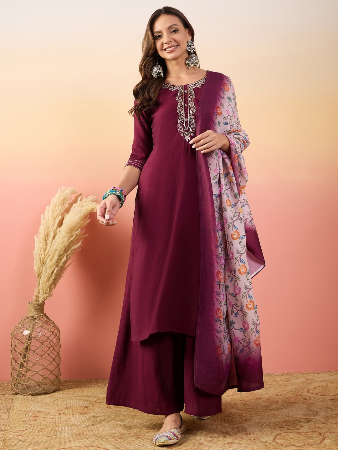 

Sangria Self Design Embroidered A-Line Kuta With Palazzos & Dupatta, Maroon