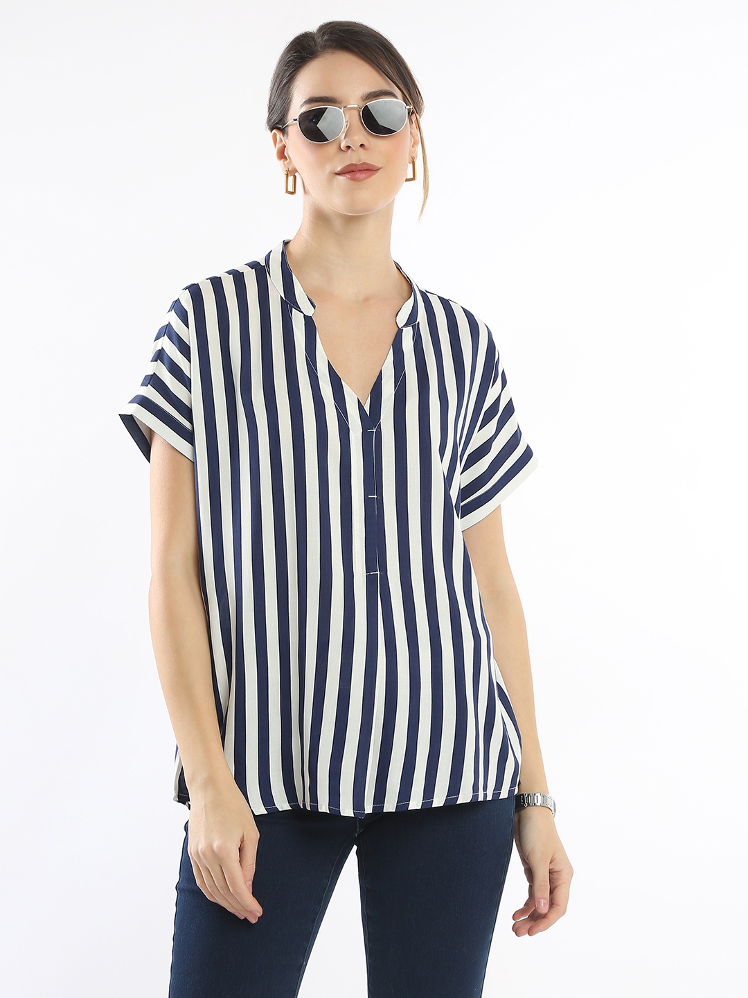 

Gazillion Women Relaxed Opaque Striped Formal Shirt, Blue