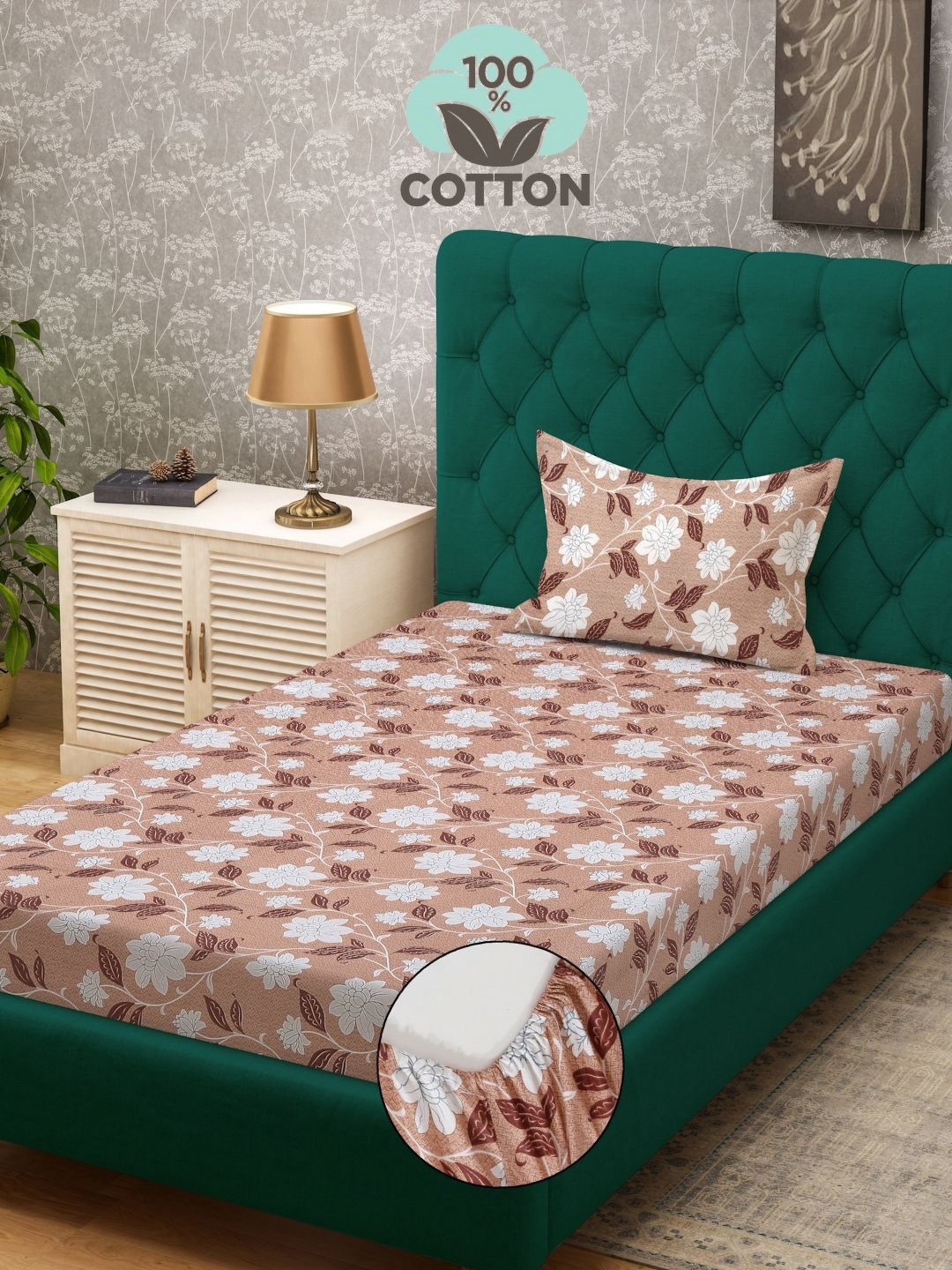 

Myntra Elegant Homes Beige & White Floral 400 TC Single Bedsheet with 1 Pillow Covers