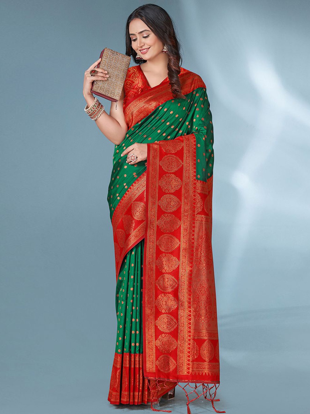 

all about you Woven Design Zari Silk Blend Paithani Saree, Green