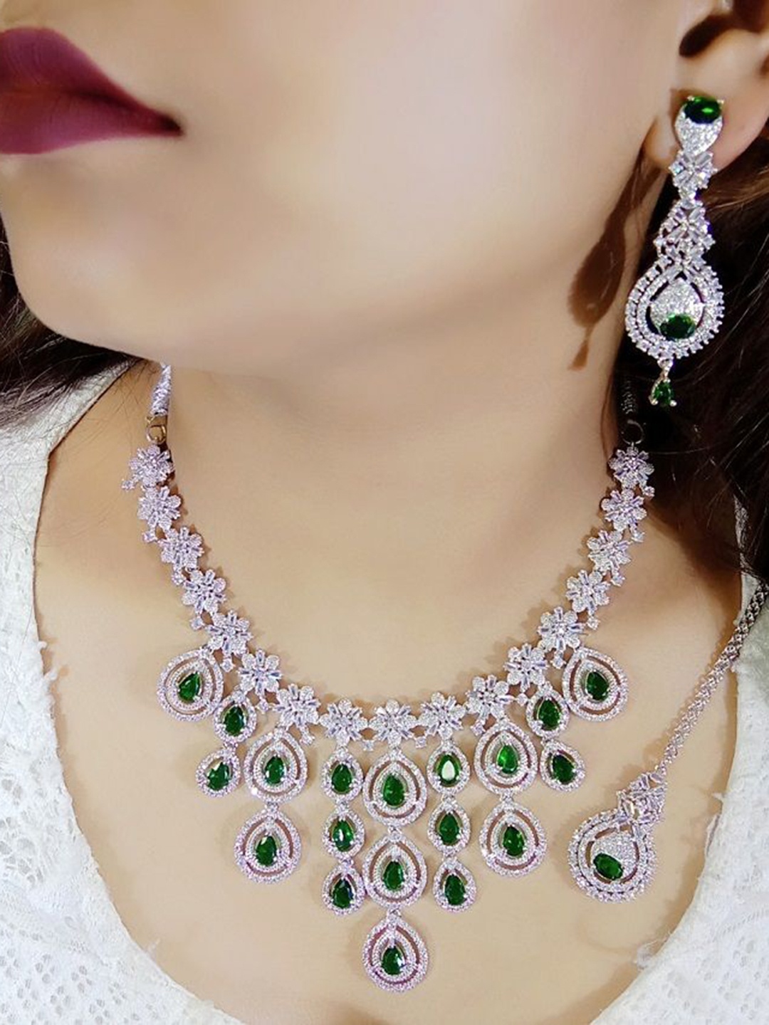 

Ladymania Silver - Plated American Diamond Necklace Set With Maang Tikka, Green