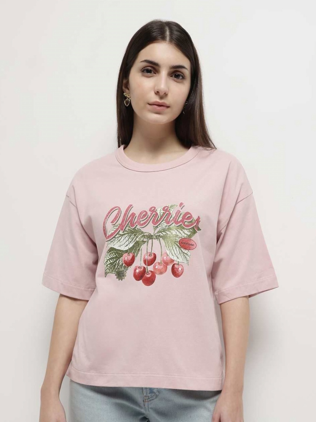 

Marks & Spencer Women Sports Printed V-Neck Extended Sleeves Applique T-shirt, Pink