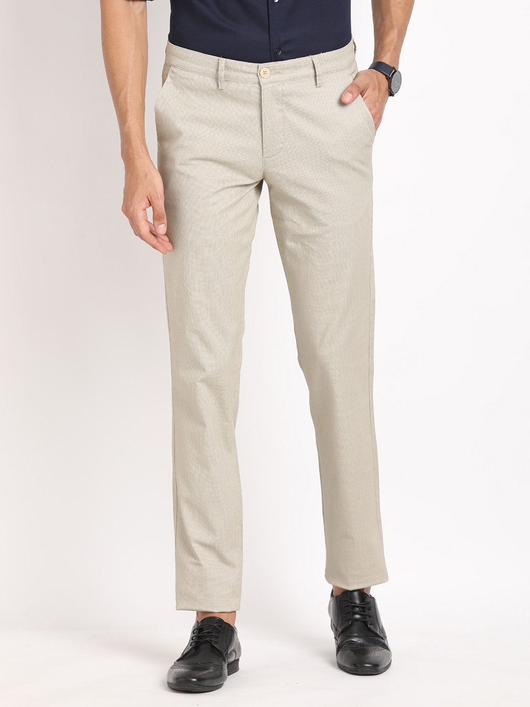 

Turtle Men Textured Printed Relaxed Skinny Fit Chinos Trousers, Grey