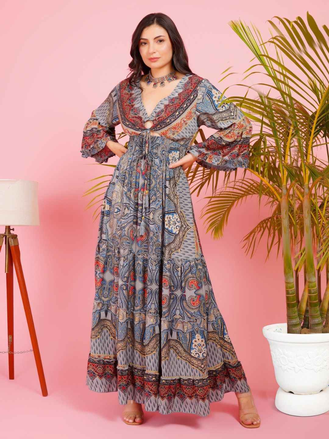 

Boholyfe Women Moonlit Aura Paisley V-Neck Printed Maxi Dress, Grey