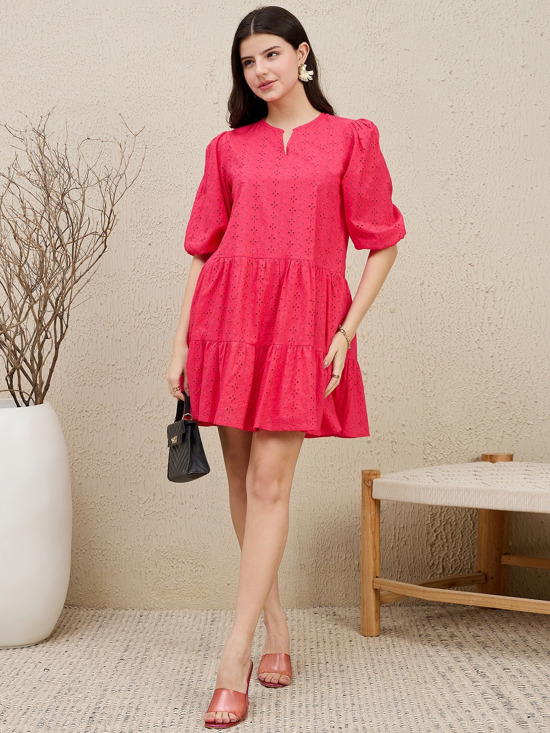 

ZUMMER Puff Sleeve Drop-Waist Dress, Pink