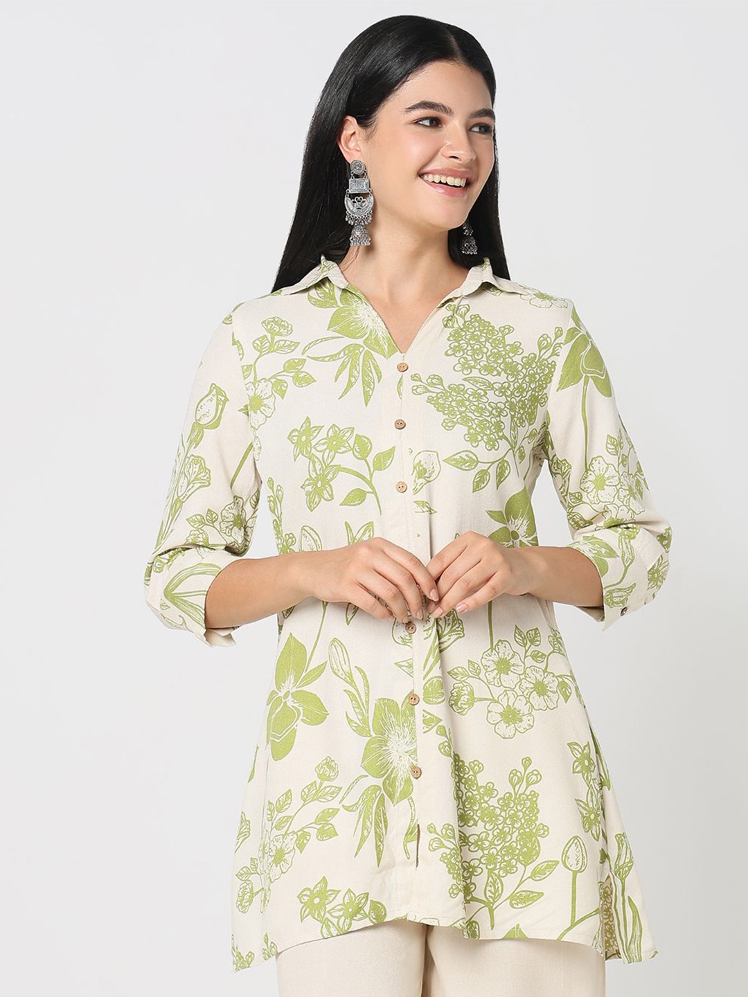 

R&B Shirt Collar Printed Tunic, Green