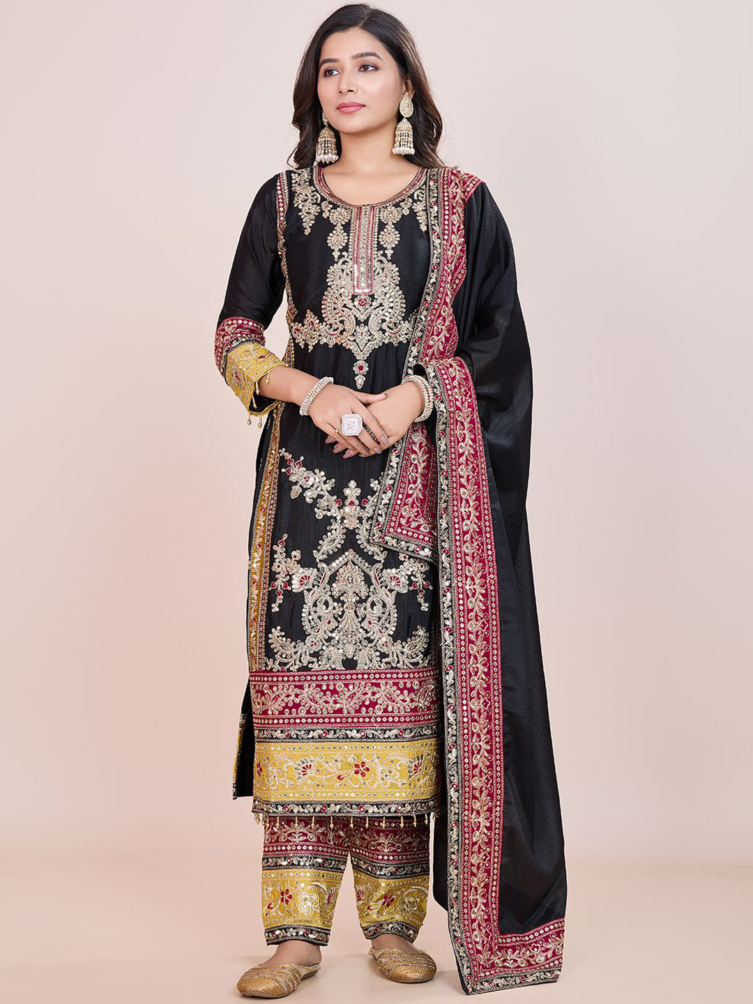 

AKSHARAM Women Floral Embroidered Regular Sequinned Kurta with Trousers & With Dupatta, Black
