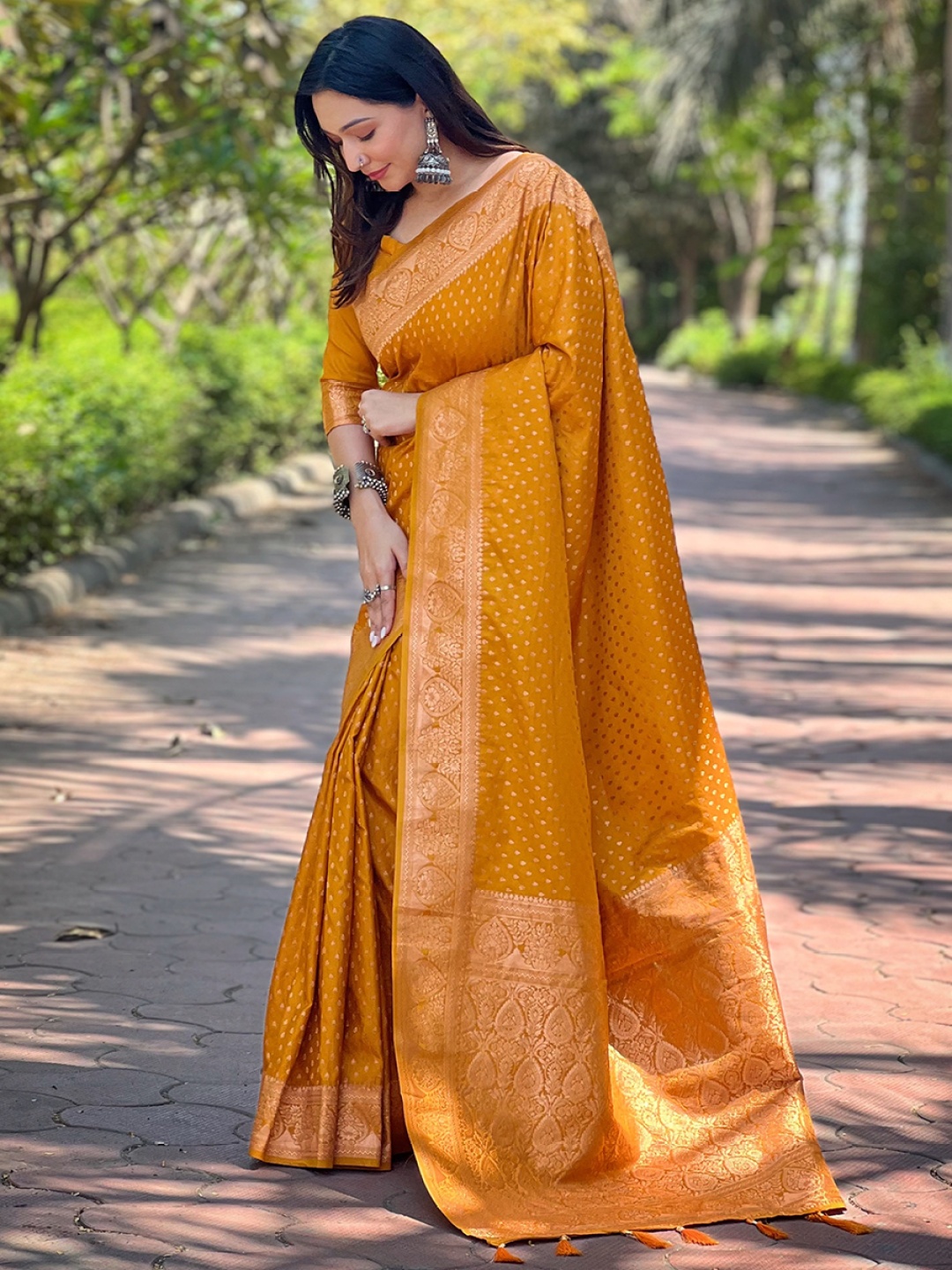 

all about you Woven Design Zari Satin Banarasi Saree, Mustard
