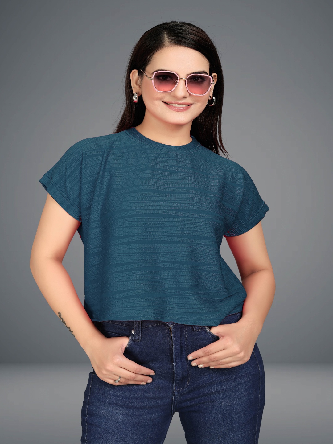 

VGHCFASHION Print Boxy Top, Blue