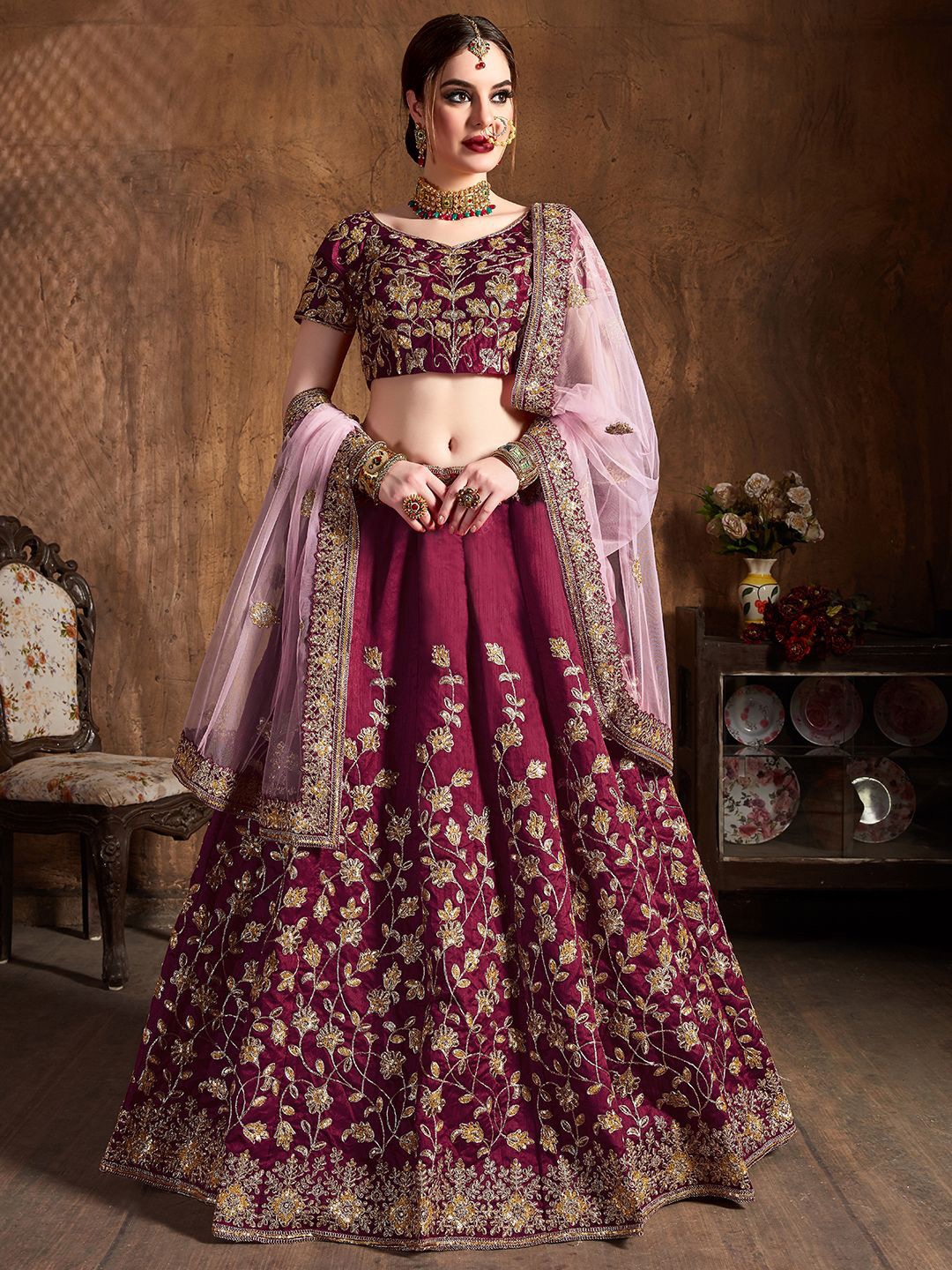 

FABPIXEL Embroidered Sequinned Semi-Stitched Lehenga & Unstitched Blouse With Dupatta, Maroon