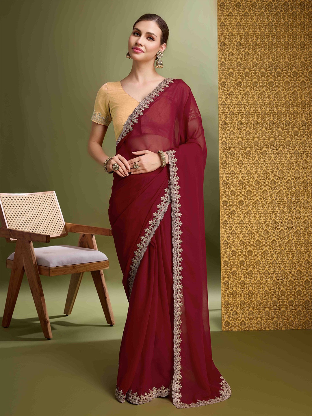 

KIMISHA Floral Embroidered Pure Georgette Saree, Maroon