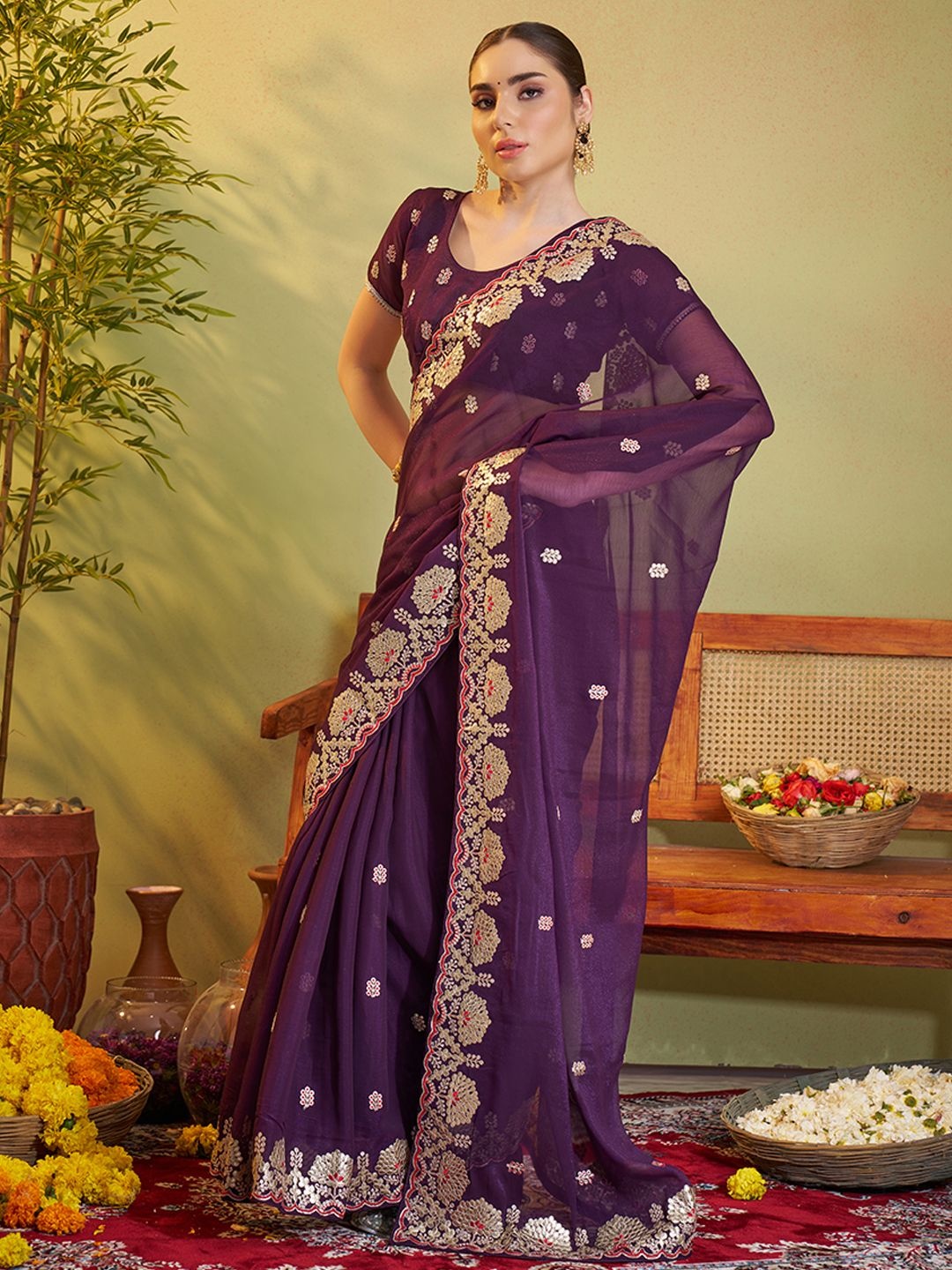 

Mitera Embellished Embroidered Organza Saree, Purple