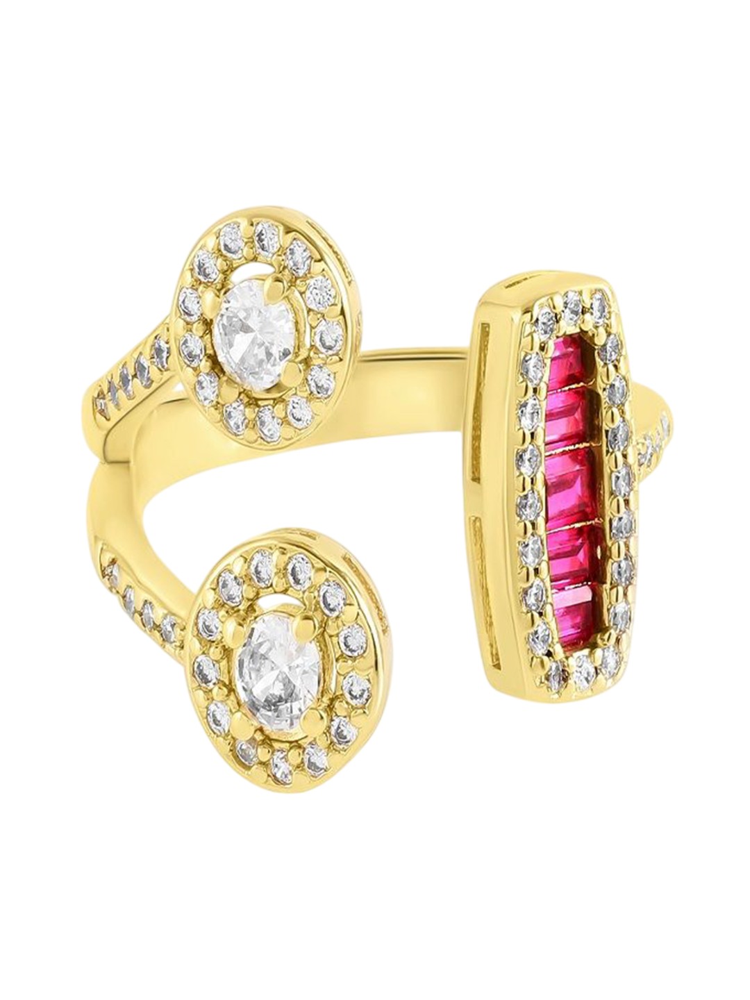 

Nirvana Gold-Plated Cubic Zirconia Stone-Studded Adjustable Tre Bellezza Finger Ring