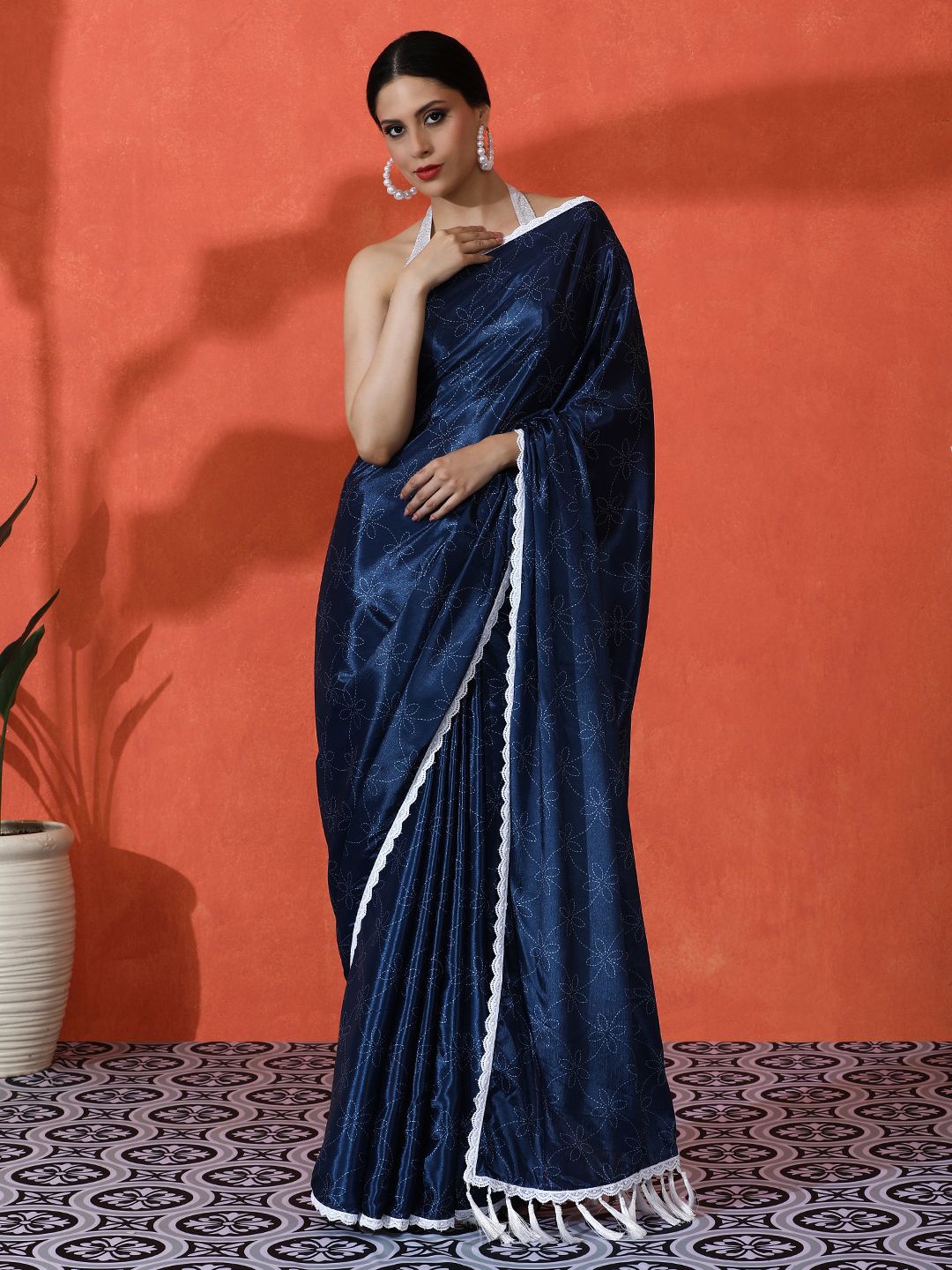

Sangria Embellished Floral Printed Digital Printed Satin Saree With Blouse Piece, Blue