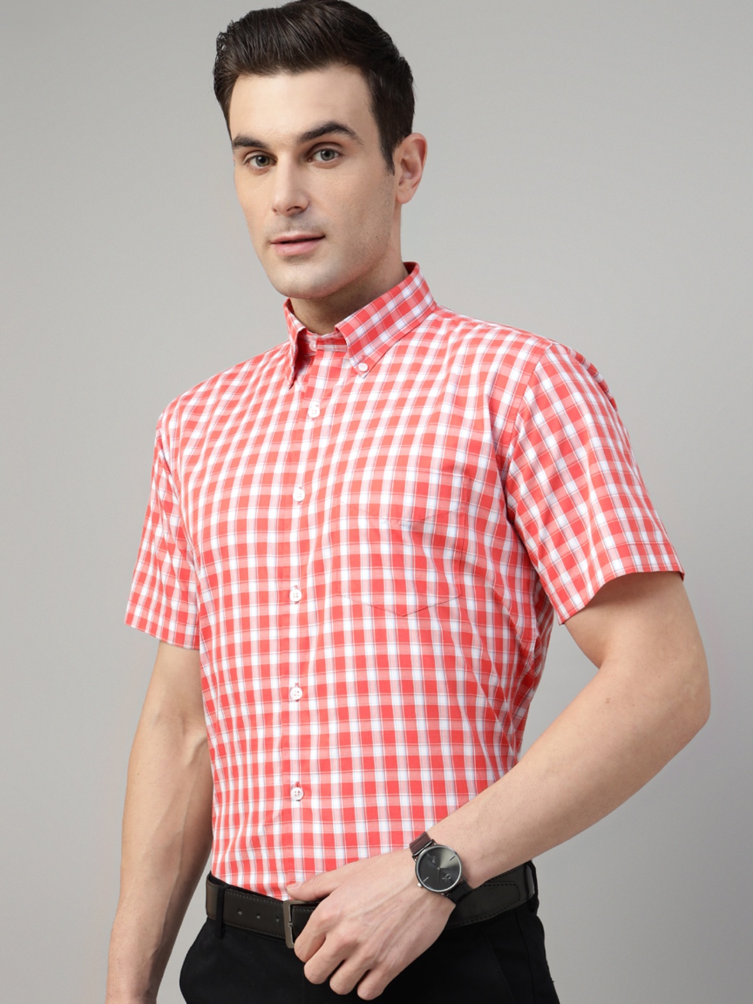 

Hancock Men Standard Slim Fit Windowpane Checks Opaque Checked Formal Shirt, Red