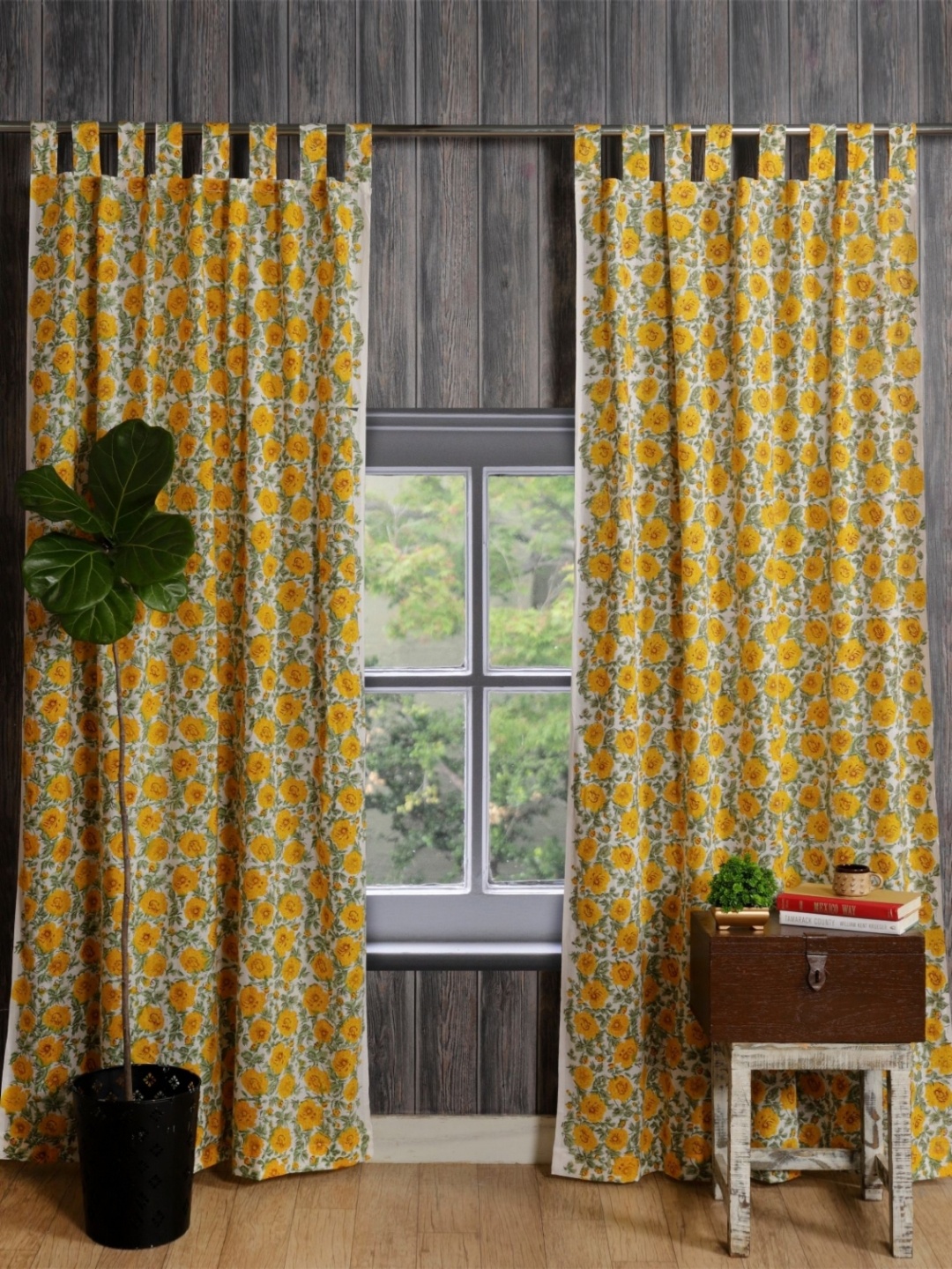 

HANDICRAFT PALACE Yellow & White Set of 2 Floral Door Curtain