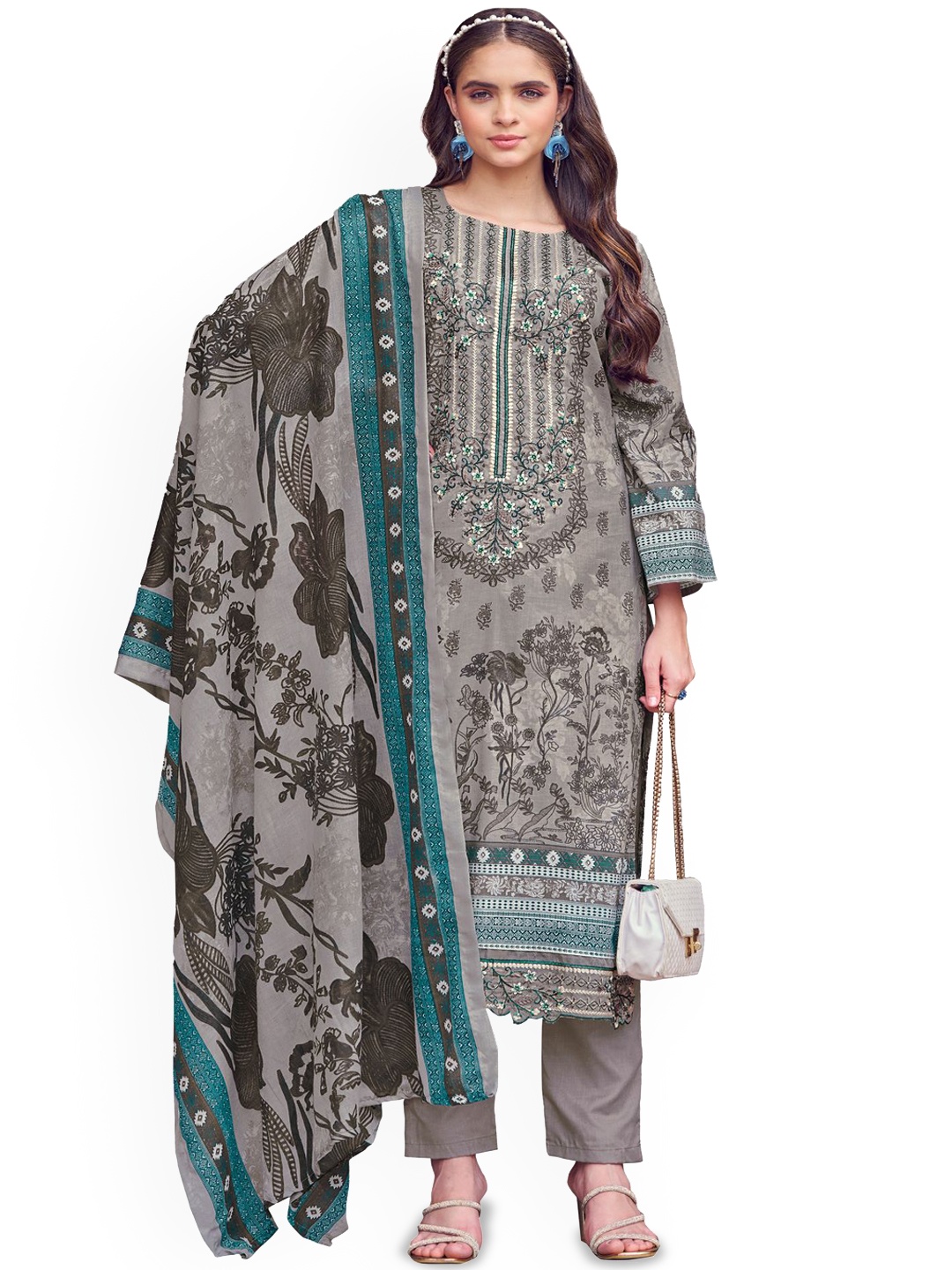 

DRAVINAM Trends Embroidered Pure Cotton Unstitched Dress Material, Grey