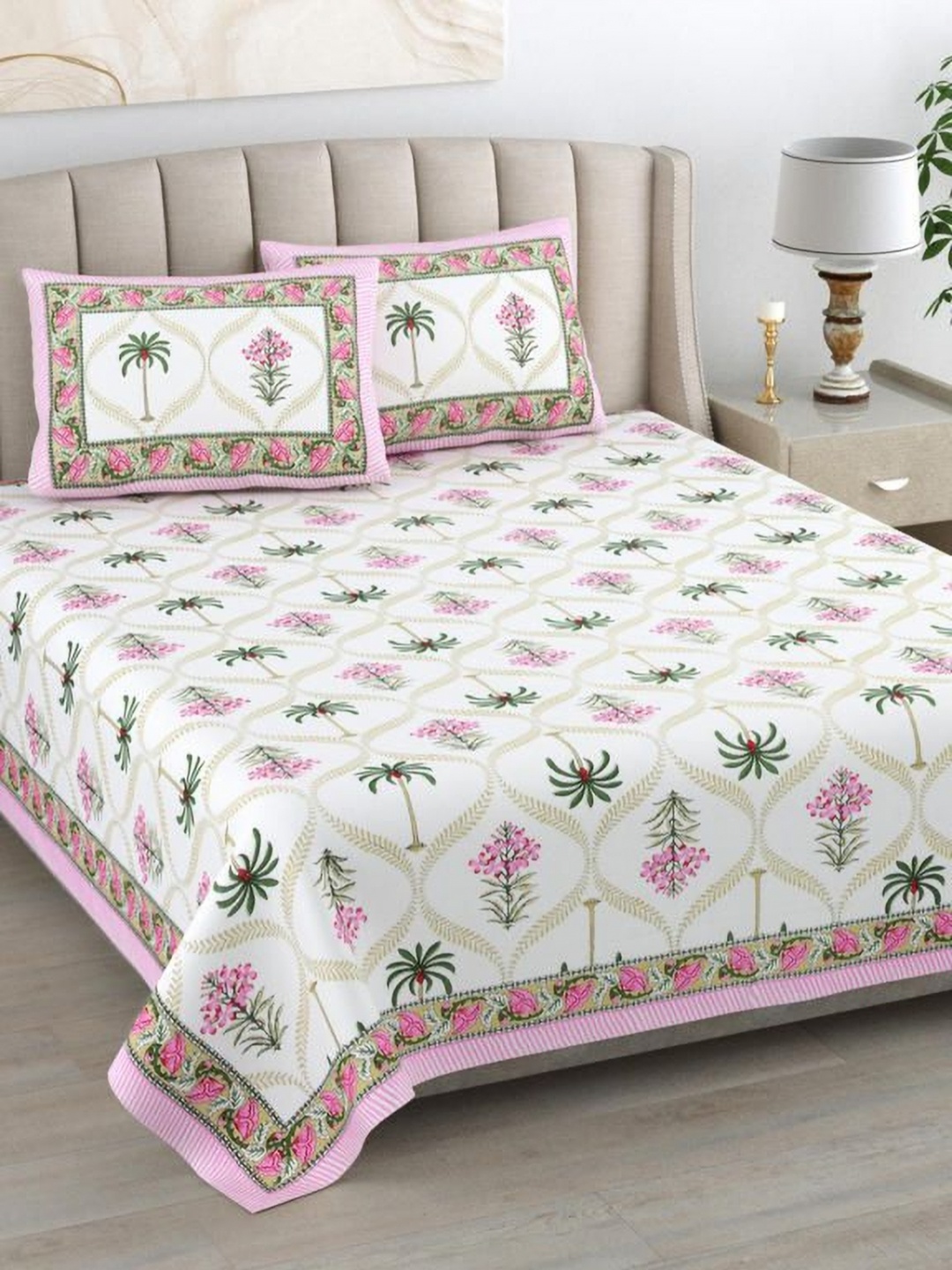 

Urban Jaipur Pink & Green Floral 220 TC King Bedsheet with 2 Pillow Covers