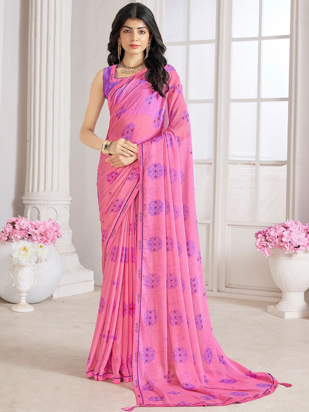 

LeeliPeeri Designer Floral Poly Chiffon Saree, Pink
