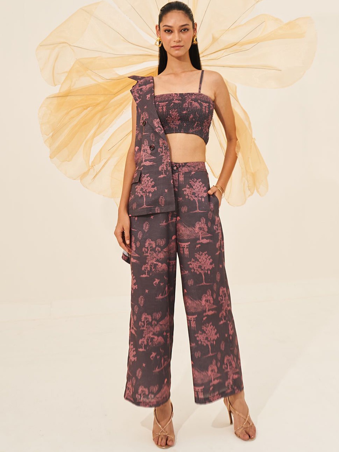 

HOUSE OF FETT Abstract Printed Top & Trousers With Blazer Co-Ords, Brown