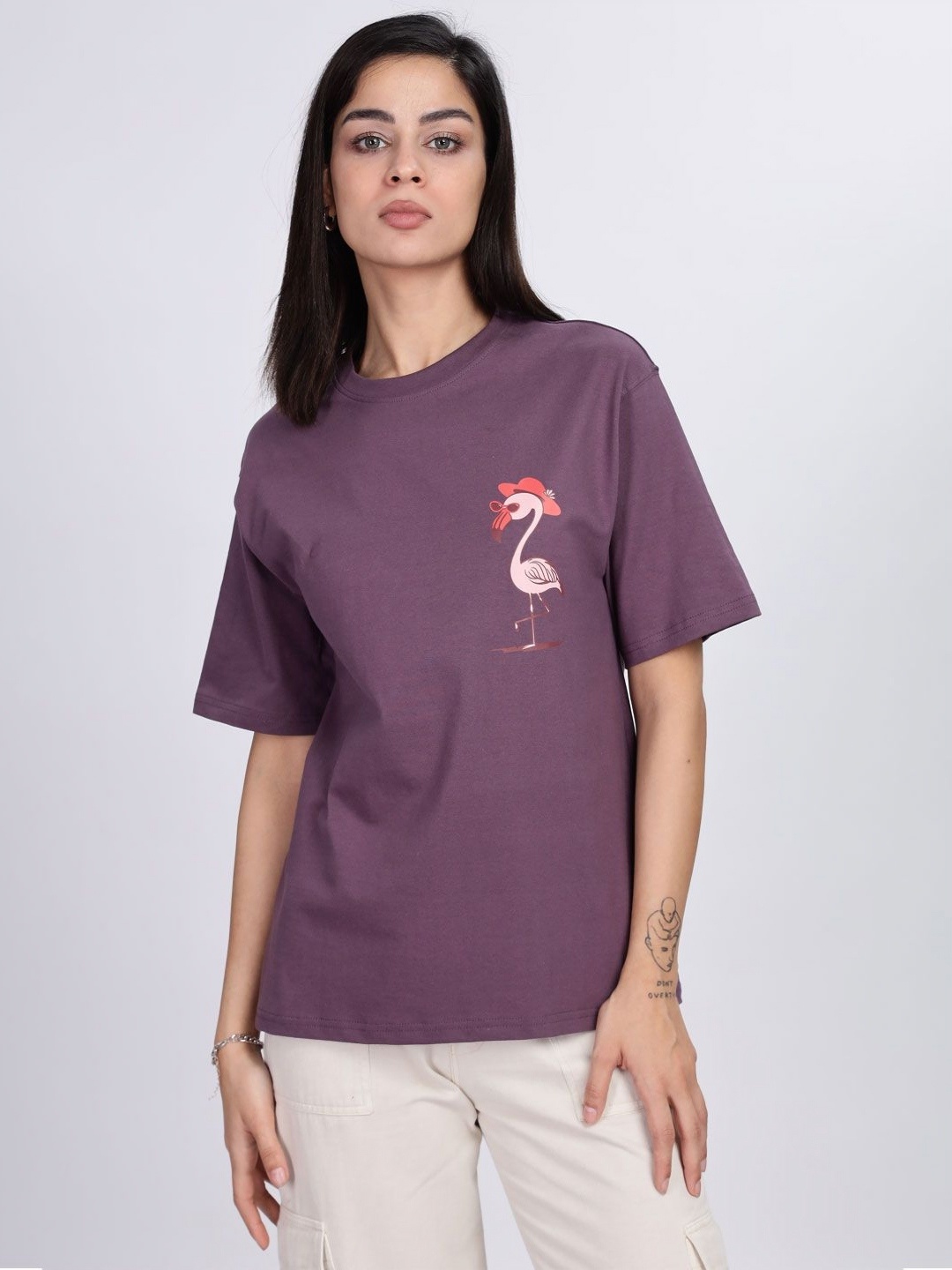 

B BLUBERYL - Comfort Inside Out Women Floral Drop-Shoulder Sleeves Tropical Applique T-shirt, Mauve