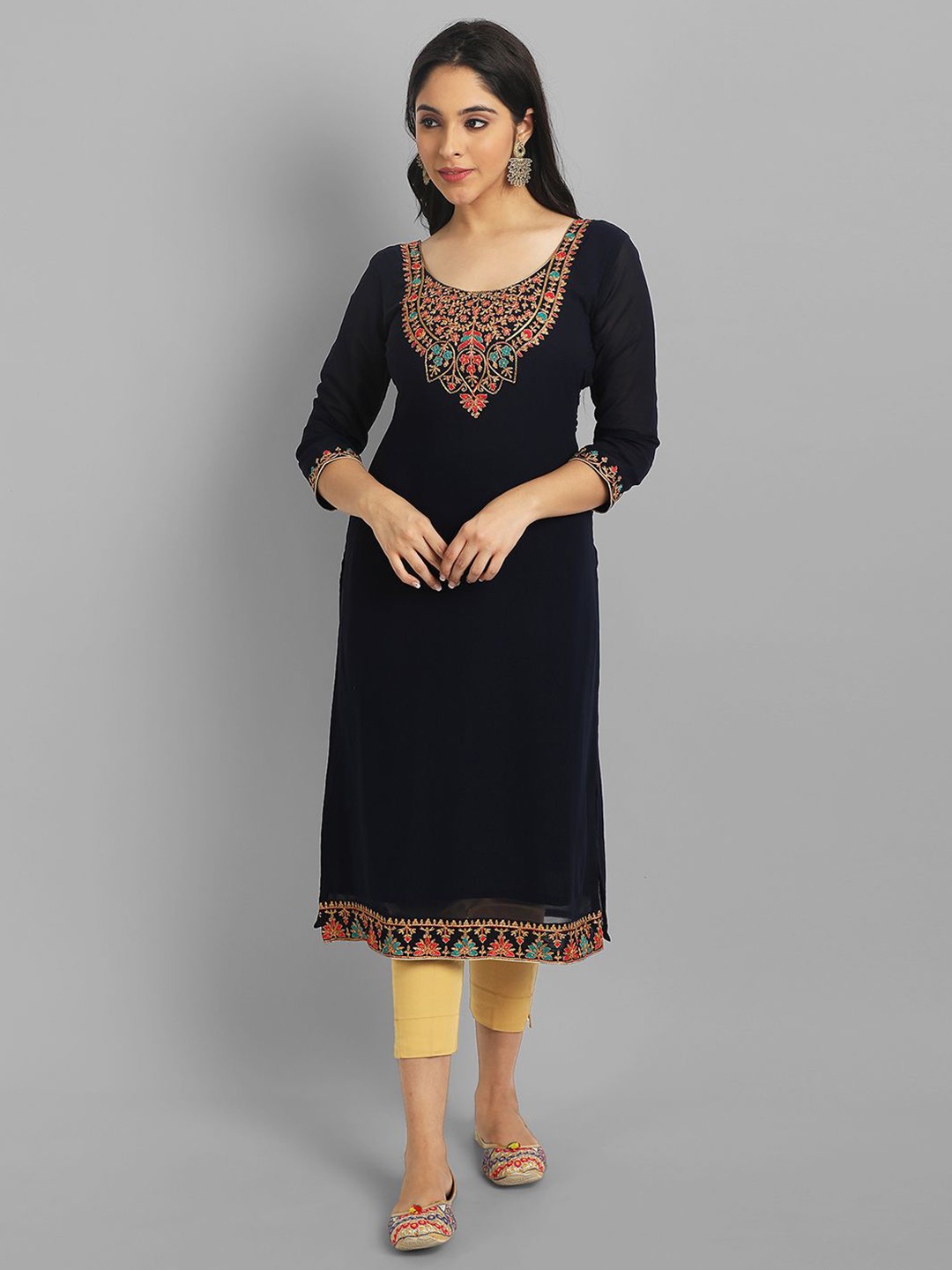 

Jash Creation Ethnic Motifs Embroidered Thread Work Georgette Kurta, Black