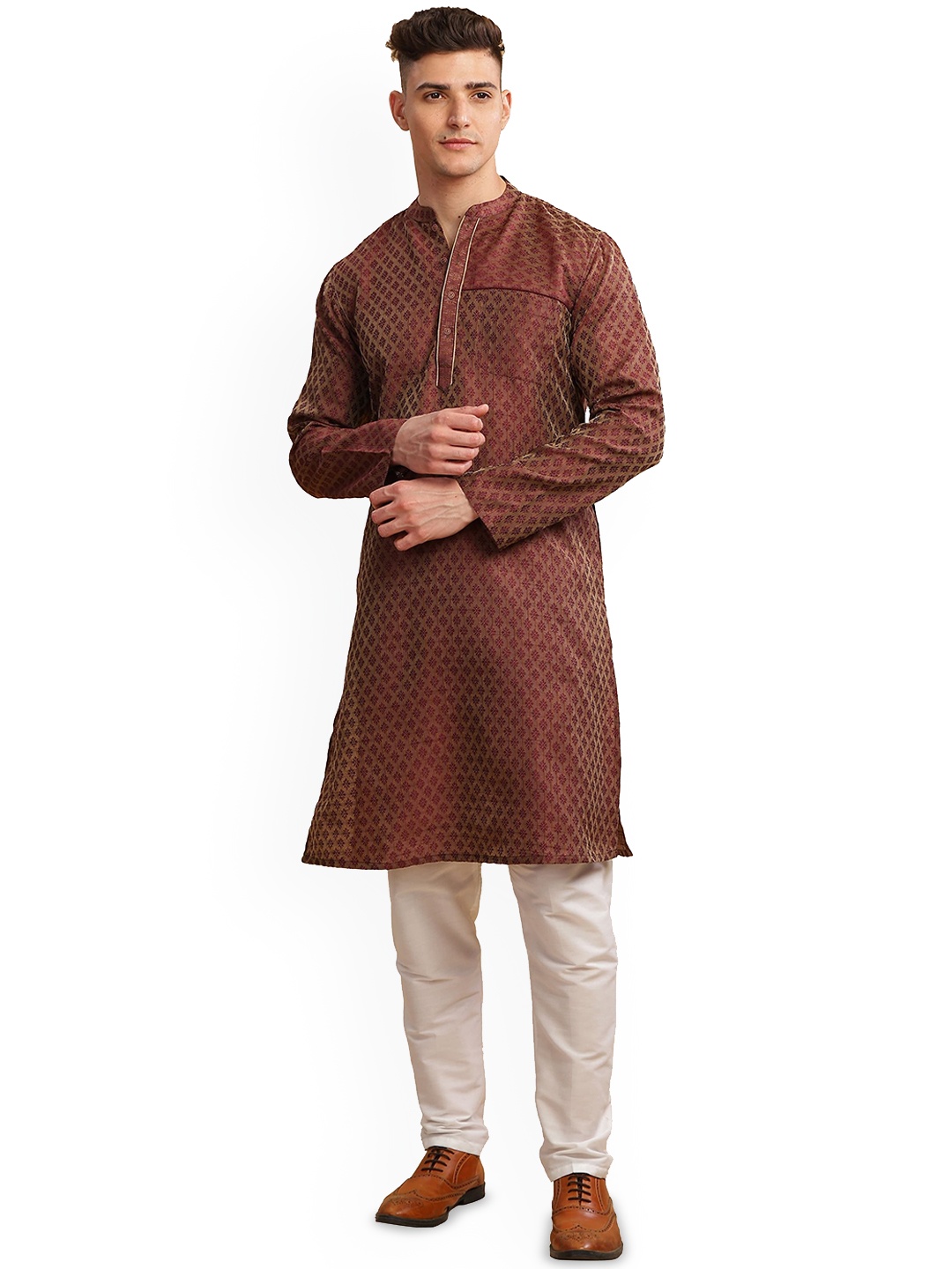 

Arch element Men Flared Sleeves Thread Work Kurta, Brown