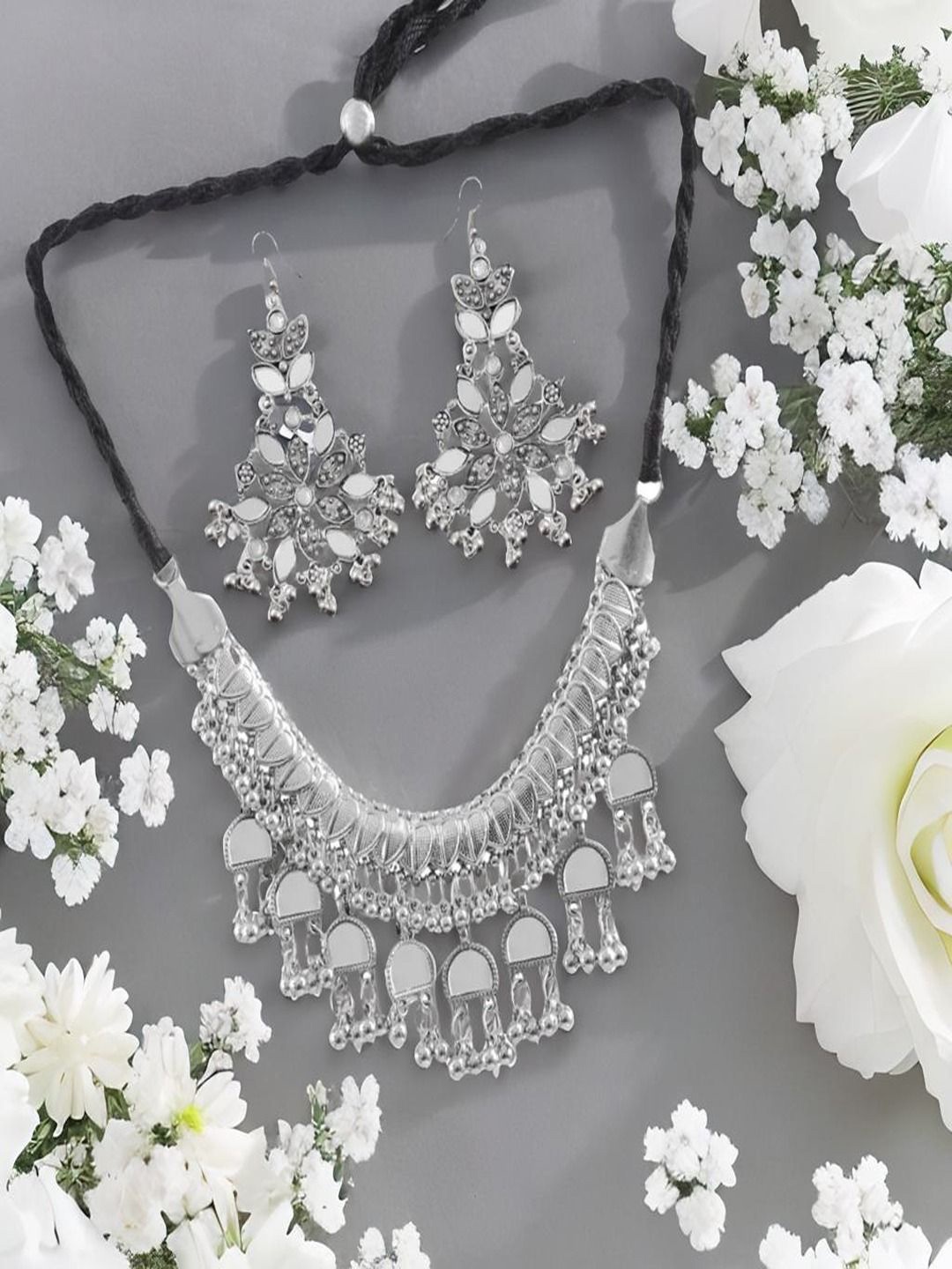 

Sangria Silver Plated Stone Studded Mirror Work Jewellery Set